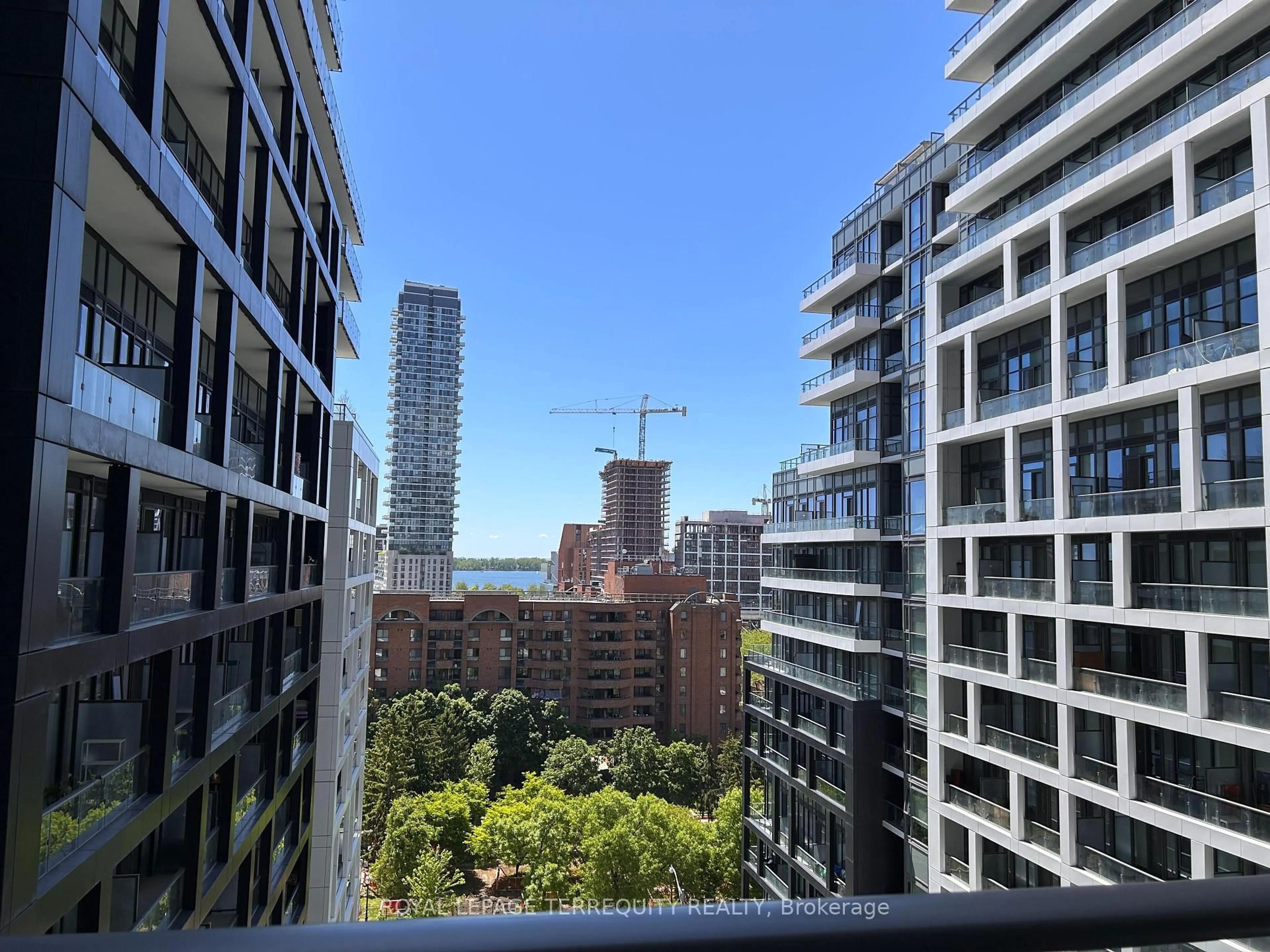 Balcony in the apartment, city buildings view from balcony for 135 Lower Sherbourne St #936, Toronto Ontario M5A 1Y4