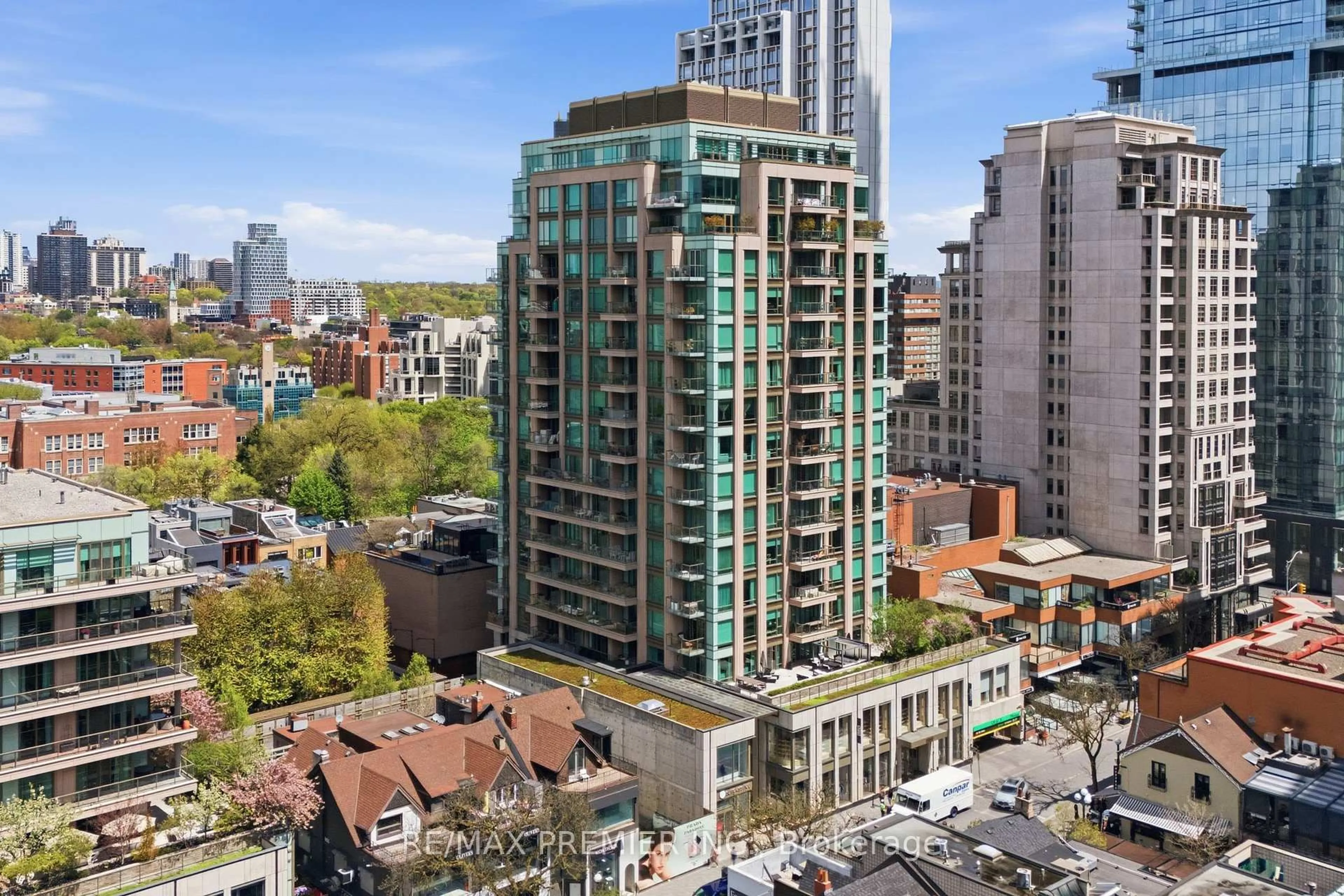 A pic from outside/outdoor area/front of a property/back of a property/a pic from drone, city buildings view from balcony for 80 Yorkville Ave #502, Toronto Ontario M5R 2C2