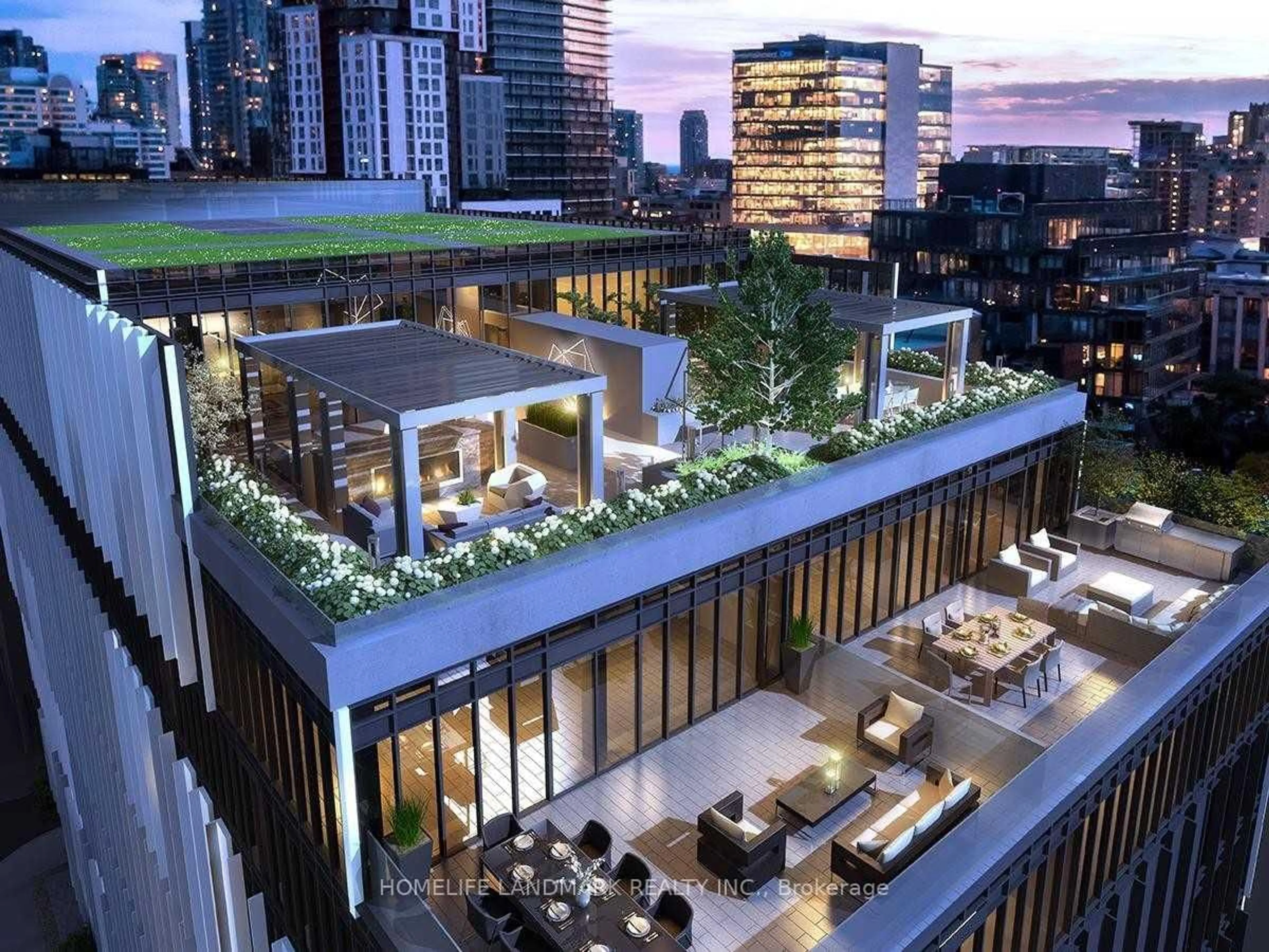 Patio, city buildings view from balcony for 50 McCaul St #504, Toronto Ontario M5T 1V9