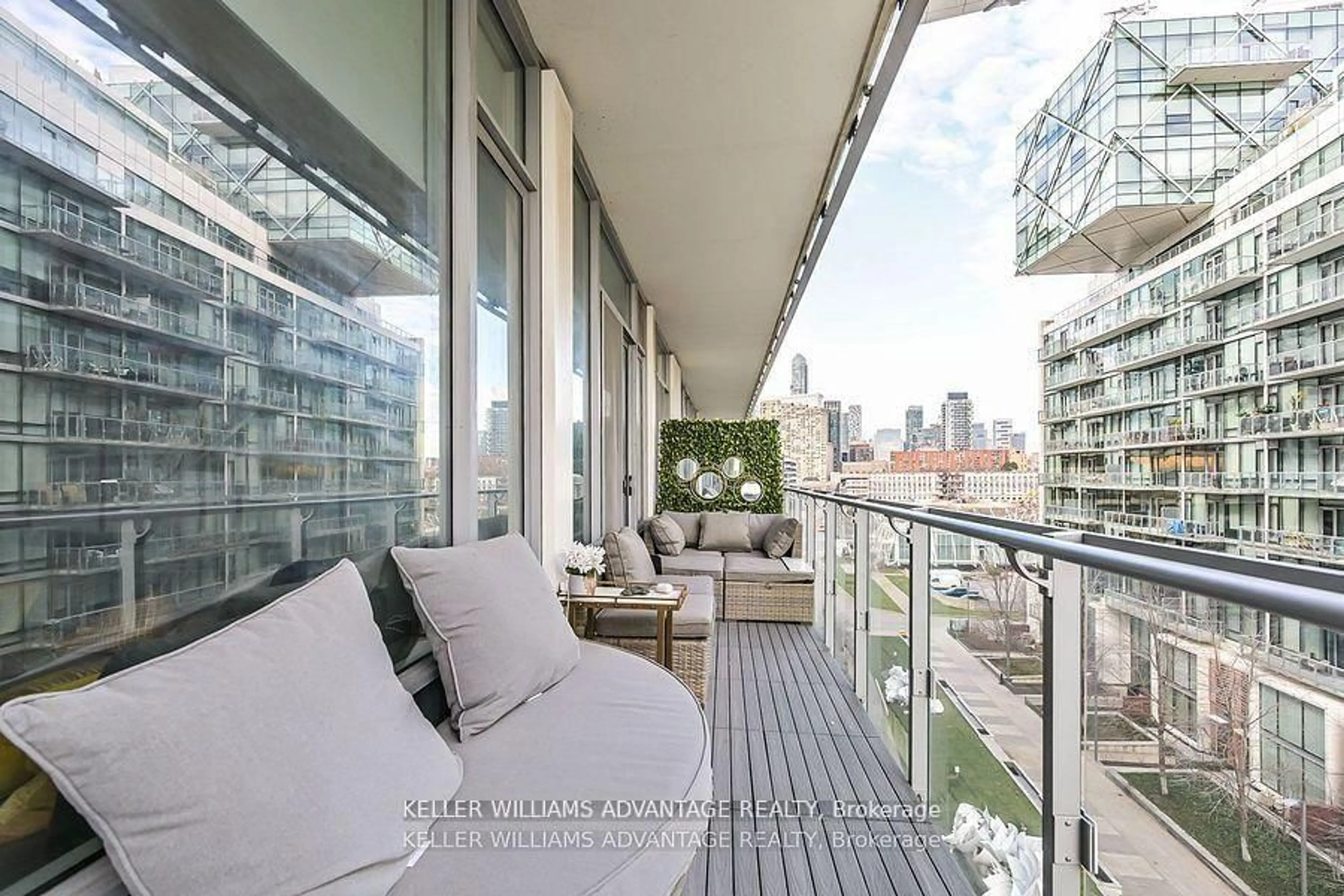 Balcony in the apartment, city buildings view from balcony for 29 Queens Quay #616, Toronto Ontario M5E 0A4