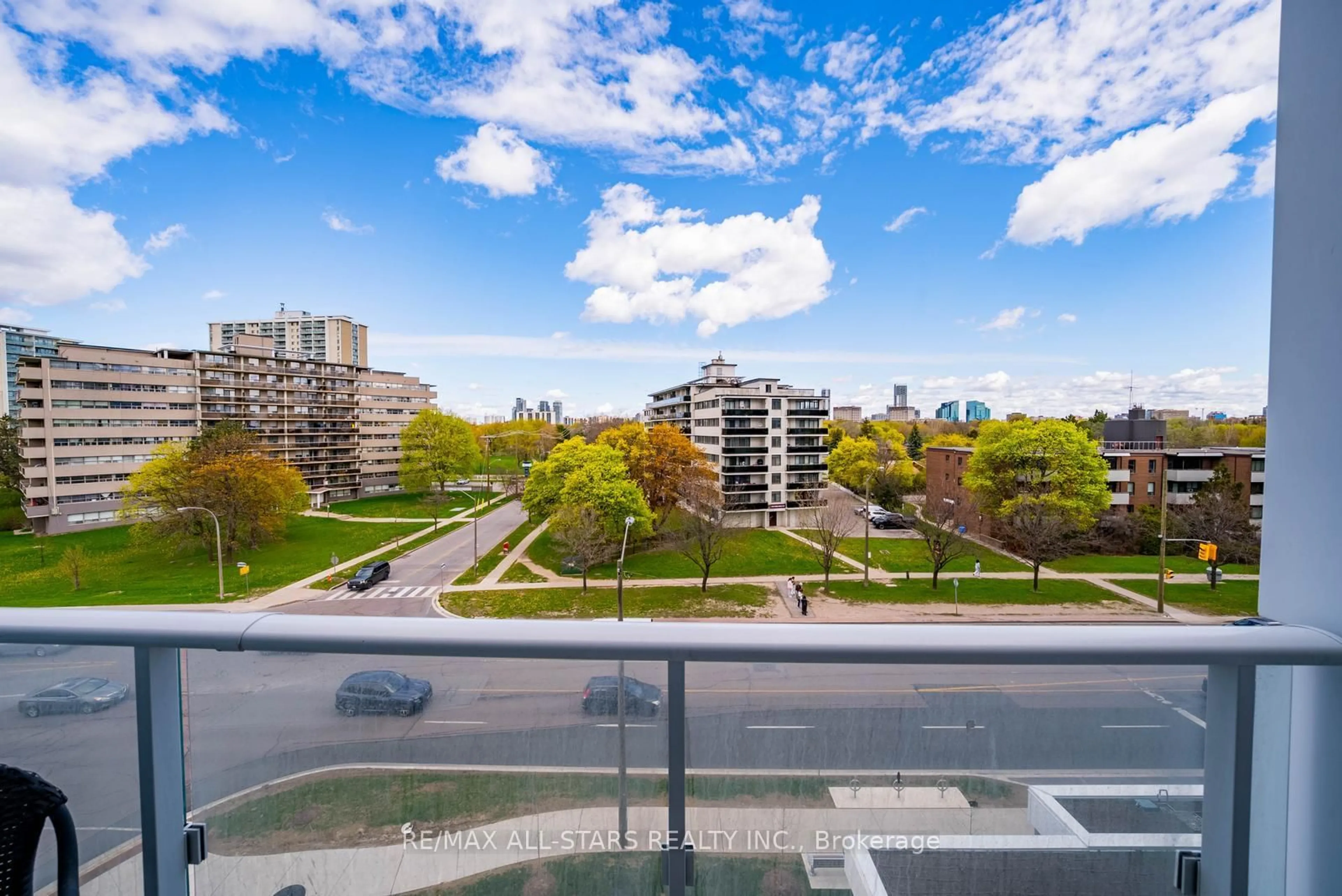 Balcony in the apartment, city buildings view from balcony for 10 Deerlick Crt #605, Toronto Ontario M3A 0A7