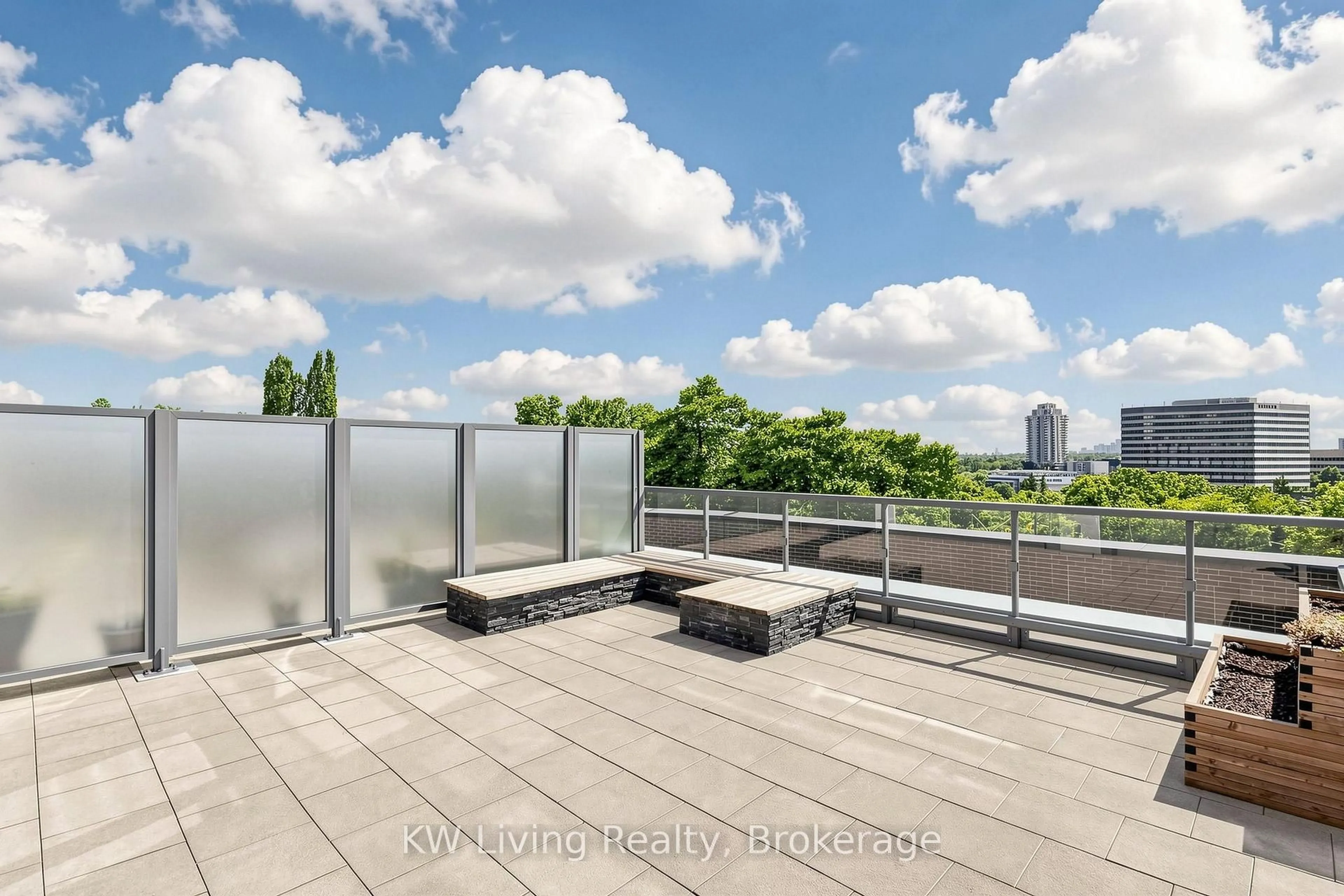 Patio, city buildings view from balcony for 18 Graydon Hall Dr #312, Toronto Ontario M3A 0A4