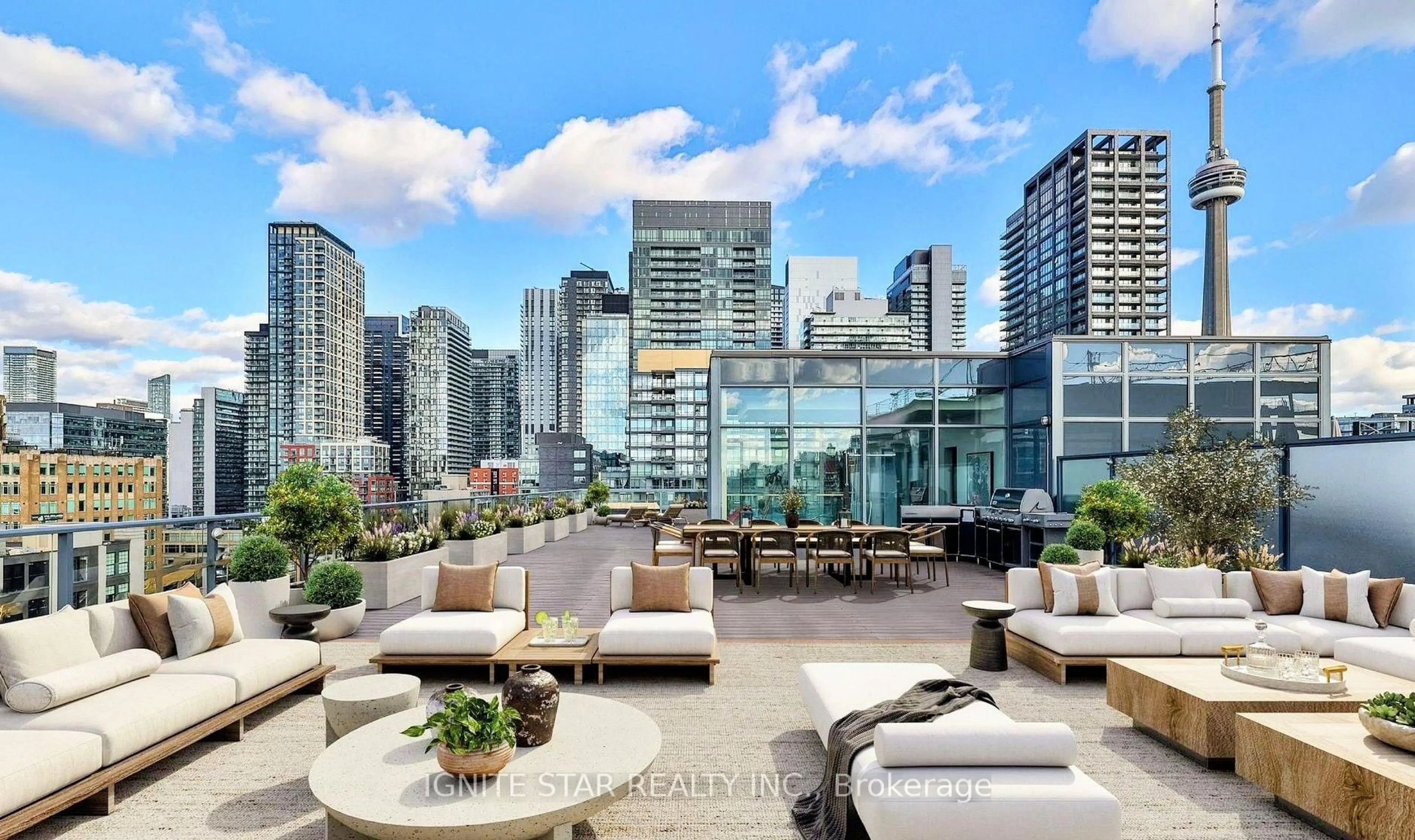 Patio, city buildings view from balcony for 478 King St #209, Toronto Ontario M5V 0A8