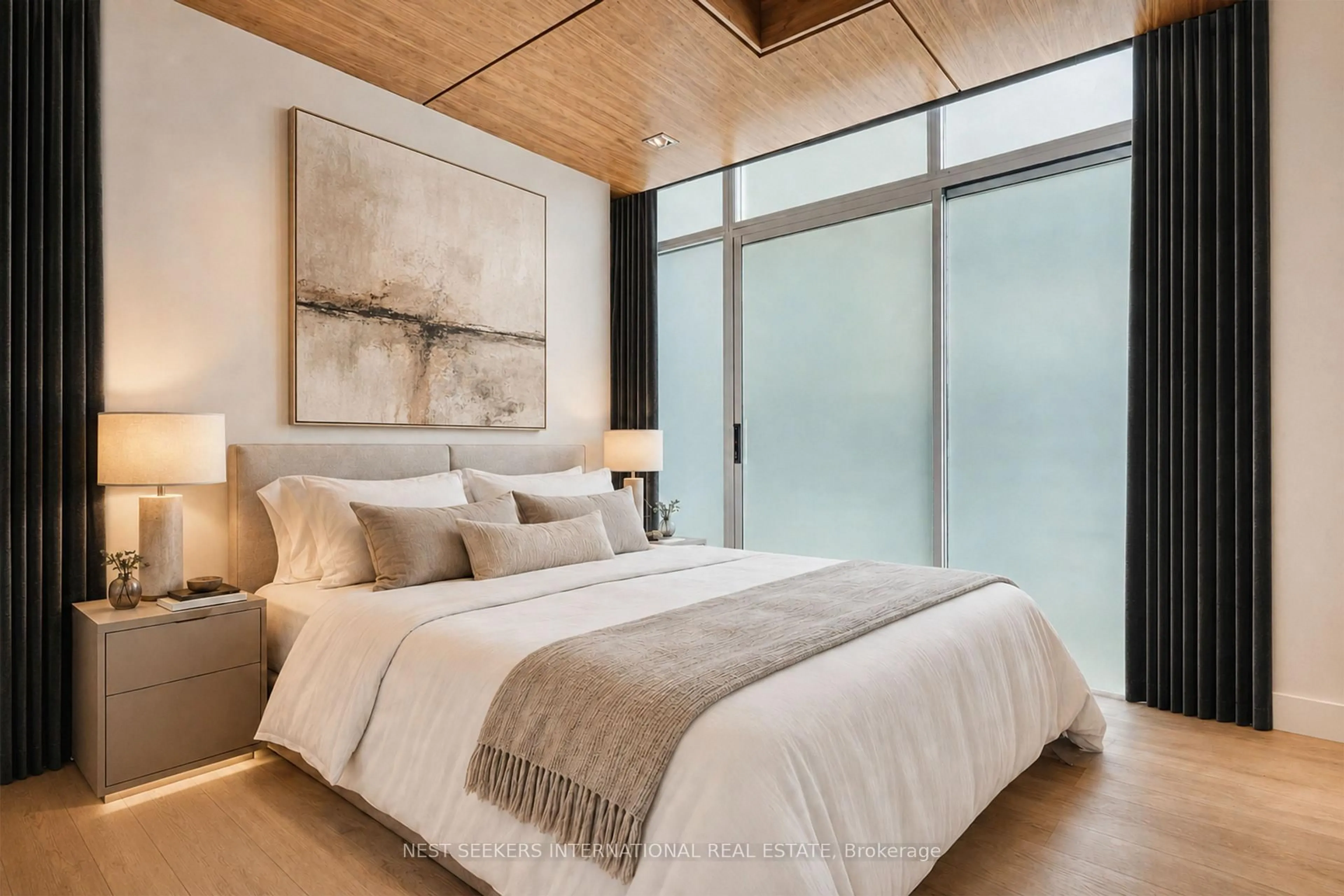 Bedroom with bed, wood/laminate floor for 388 Richmond St #519, Toronto Ontario M5V 3P1