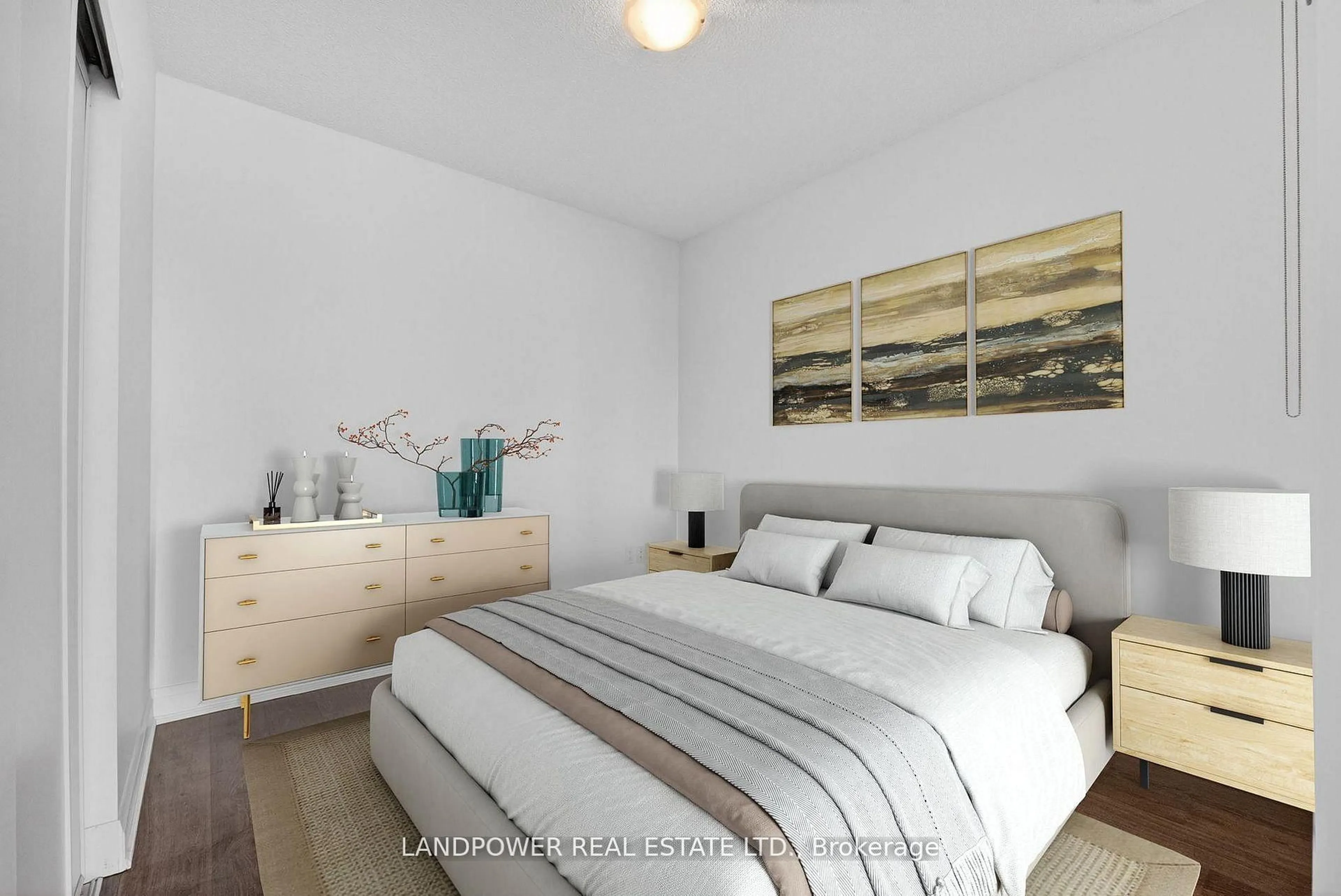 Bedroom with bed, wood/laminate floor for 160 Vanderhoof Ave #1203, Toronto Ontario M4G 0B7