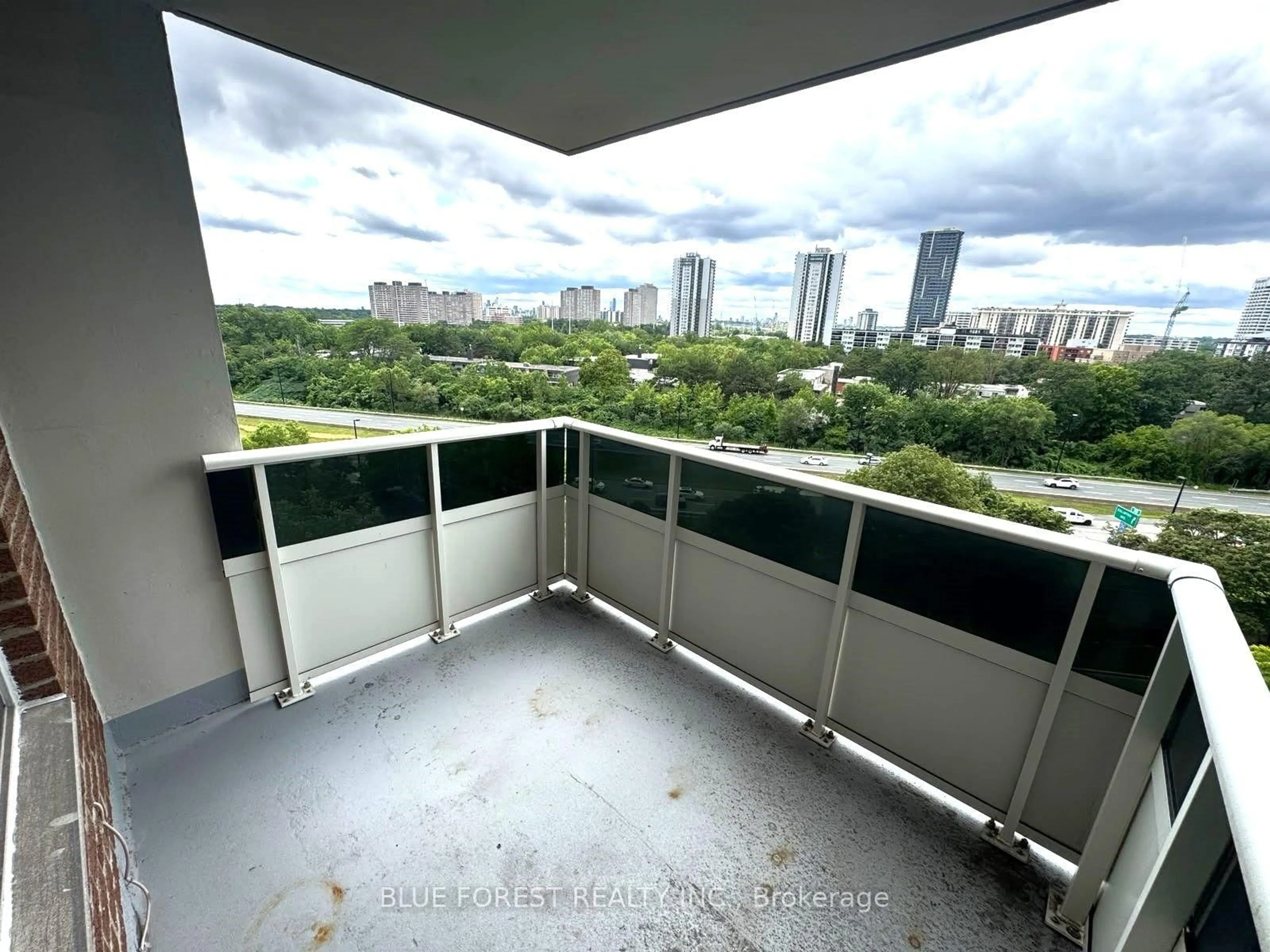 Balcony in the apartment, city buildings view from balcony for 5 SHADY Gfwy #1009, Toronto Ontario M3C 3A5
