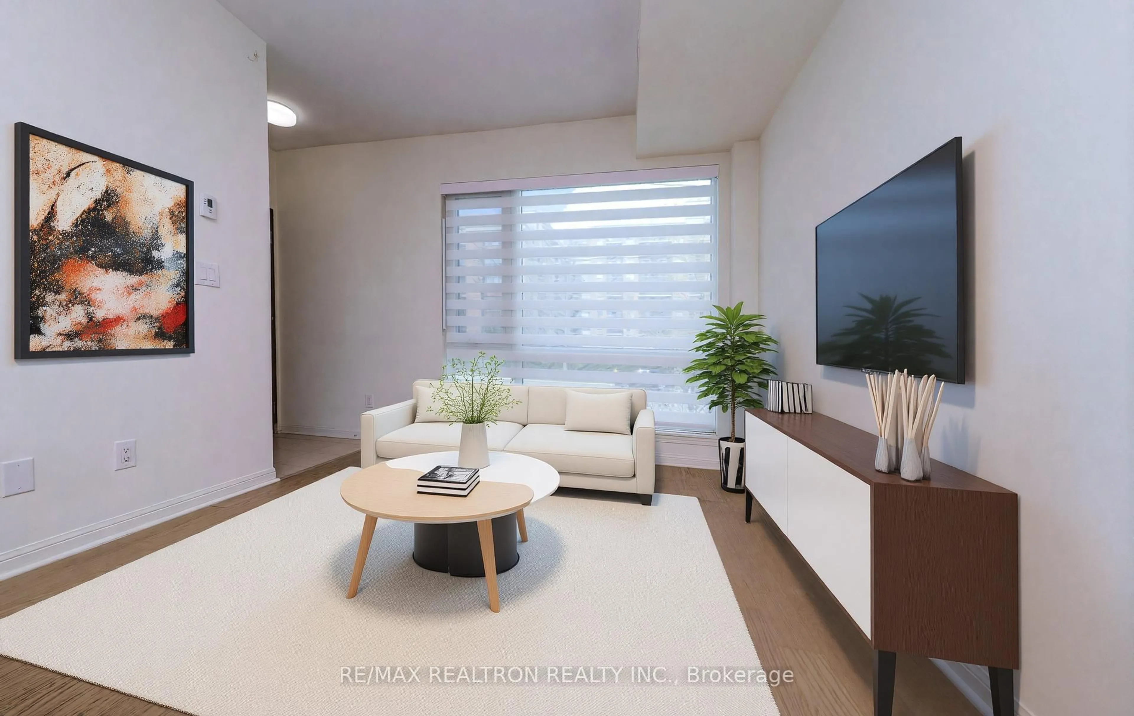 Living room with furniture, wood/laminate floor for 639 Lawrence Ave #206, Toronto Ontario M6A 1A9