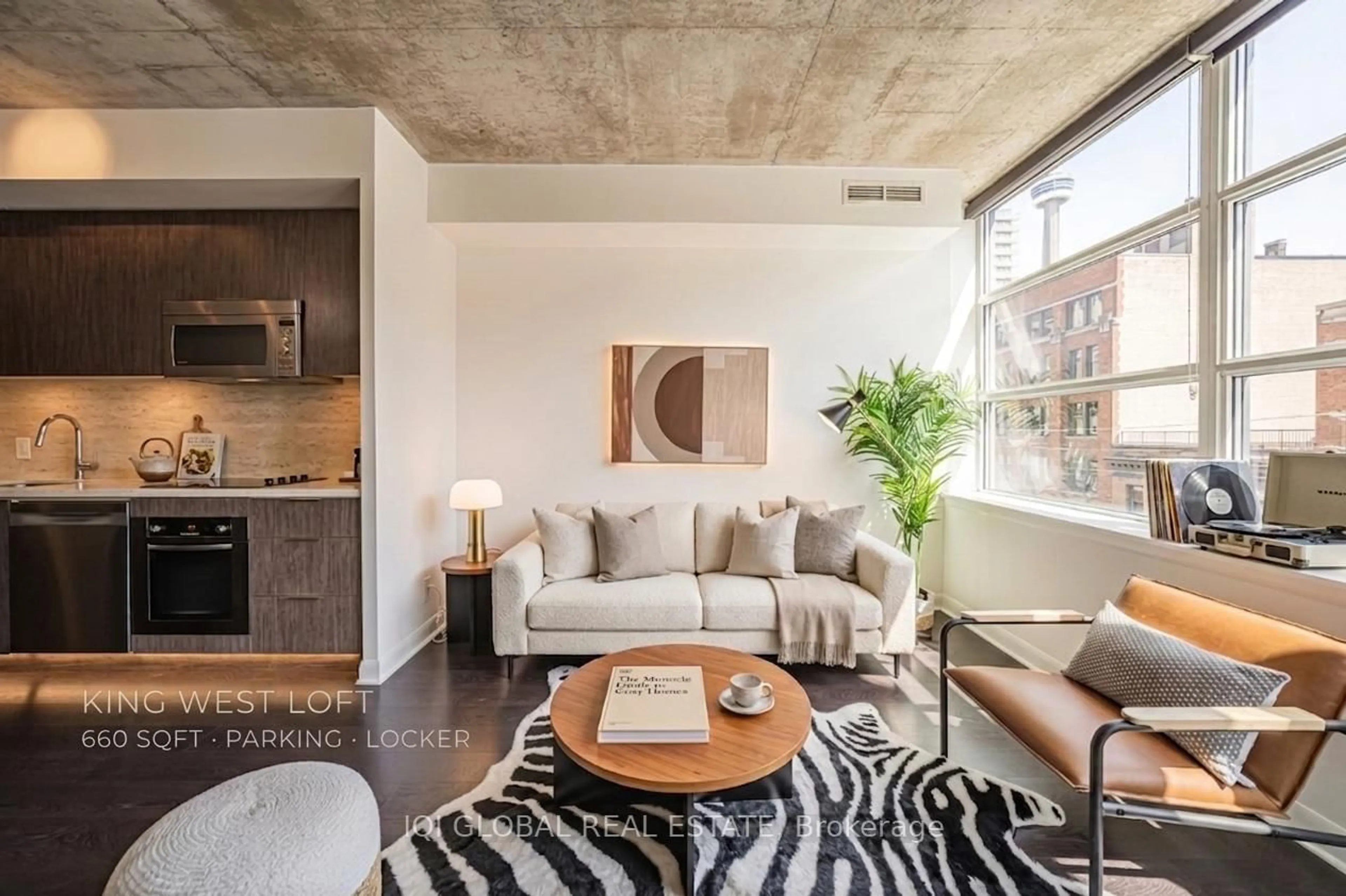 Living room with furniture, cement floor for 478 King St #406, Toronto Ontario M5V 0A8