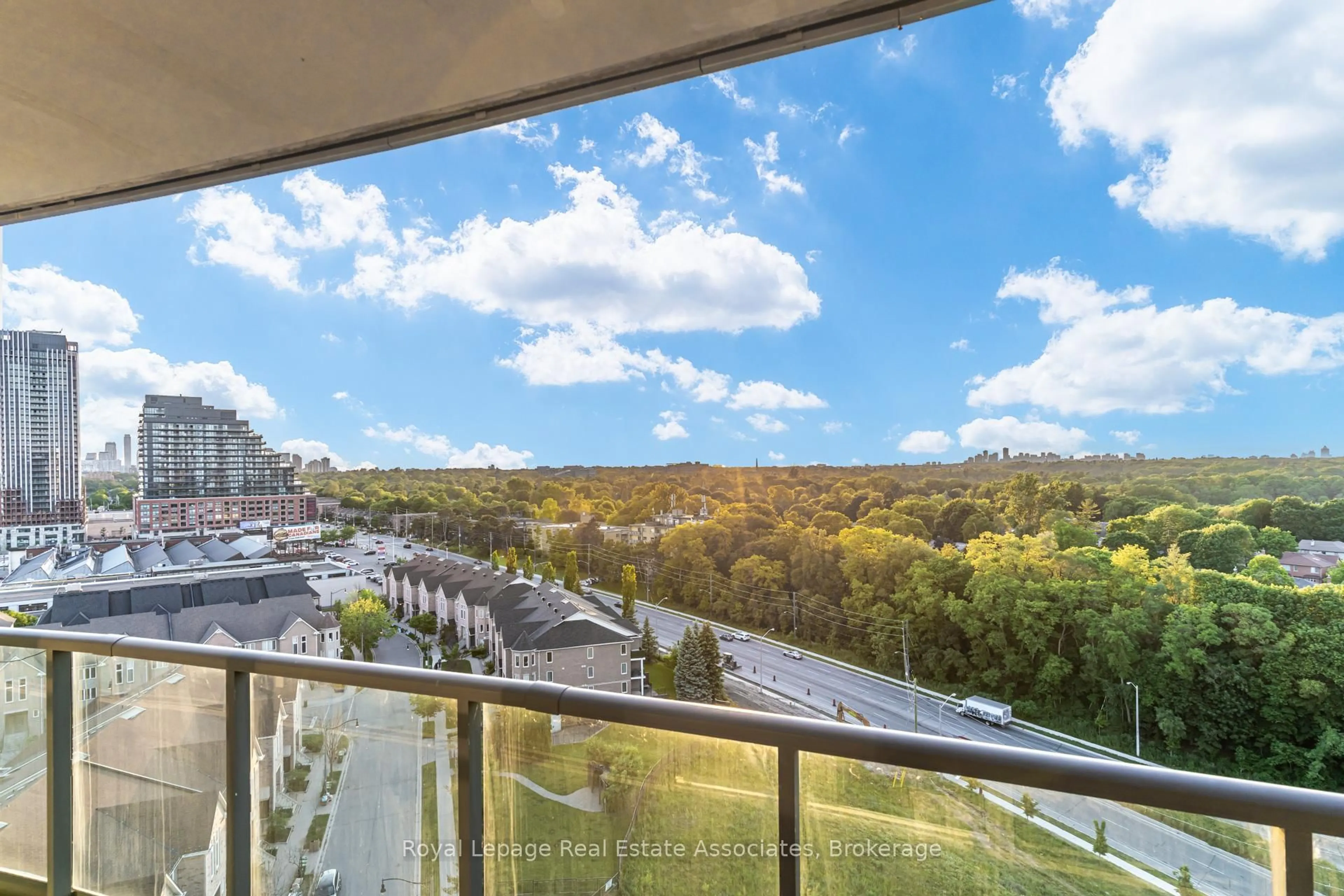 Balcony in the apartment, city buildings view from balcony for 35 Brian Peck Cres #LPH21, Toronto Ontario M4G 0A5