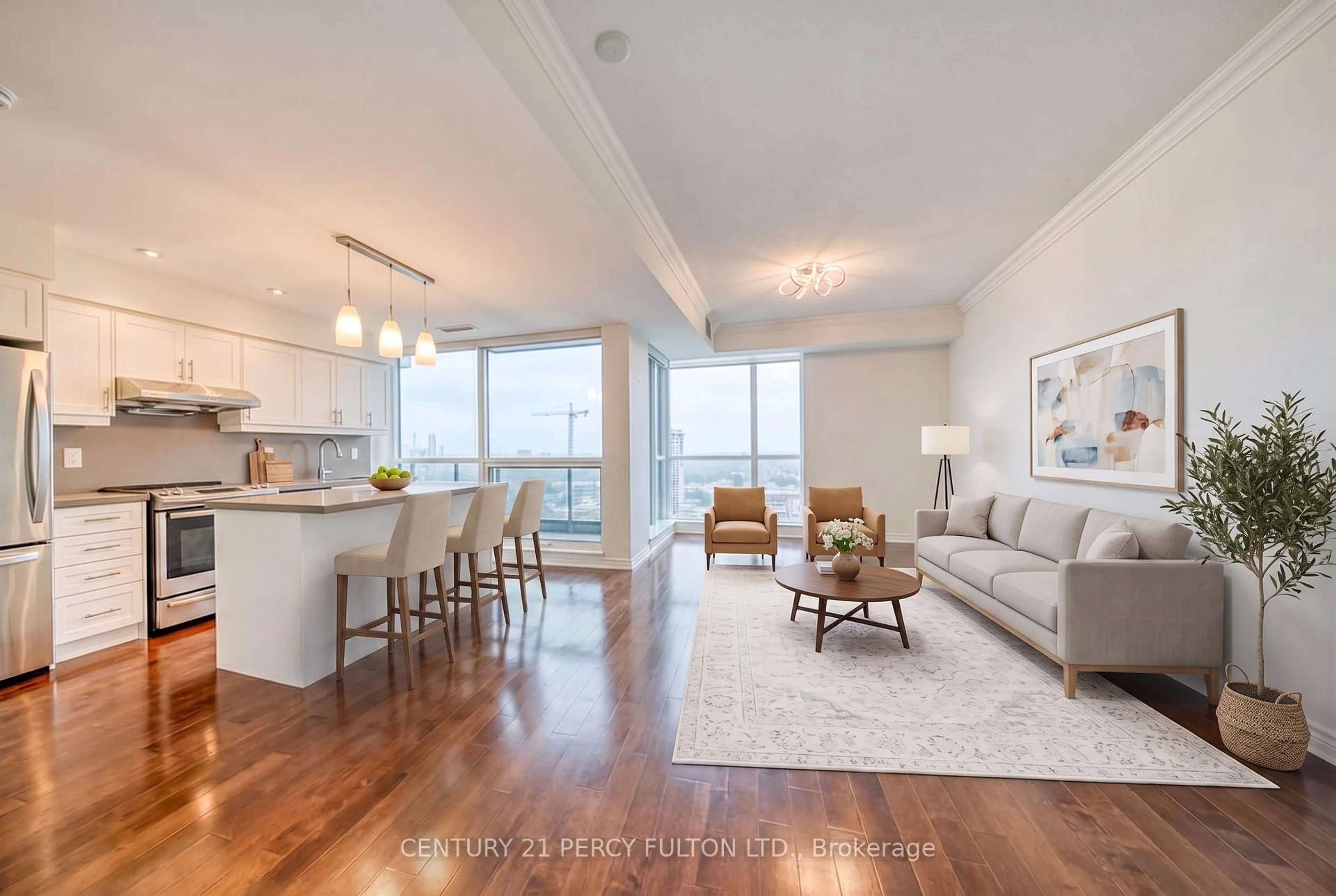 Living room with furniture, wood/laminate floor for 2885 Bayview Ave #1320, Toronto Ontario M2K 0A3