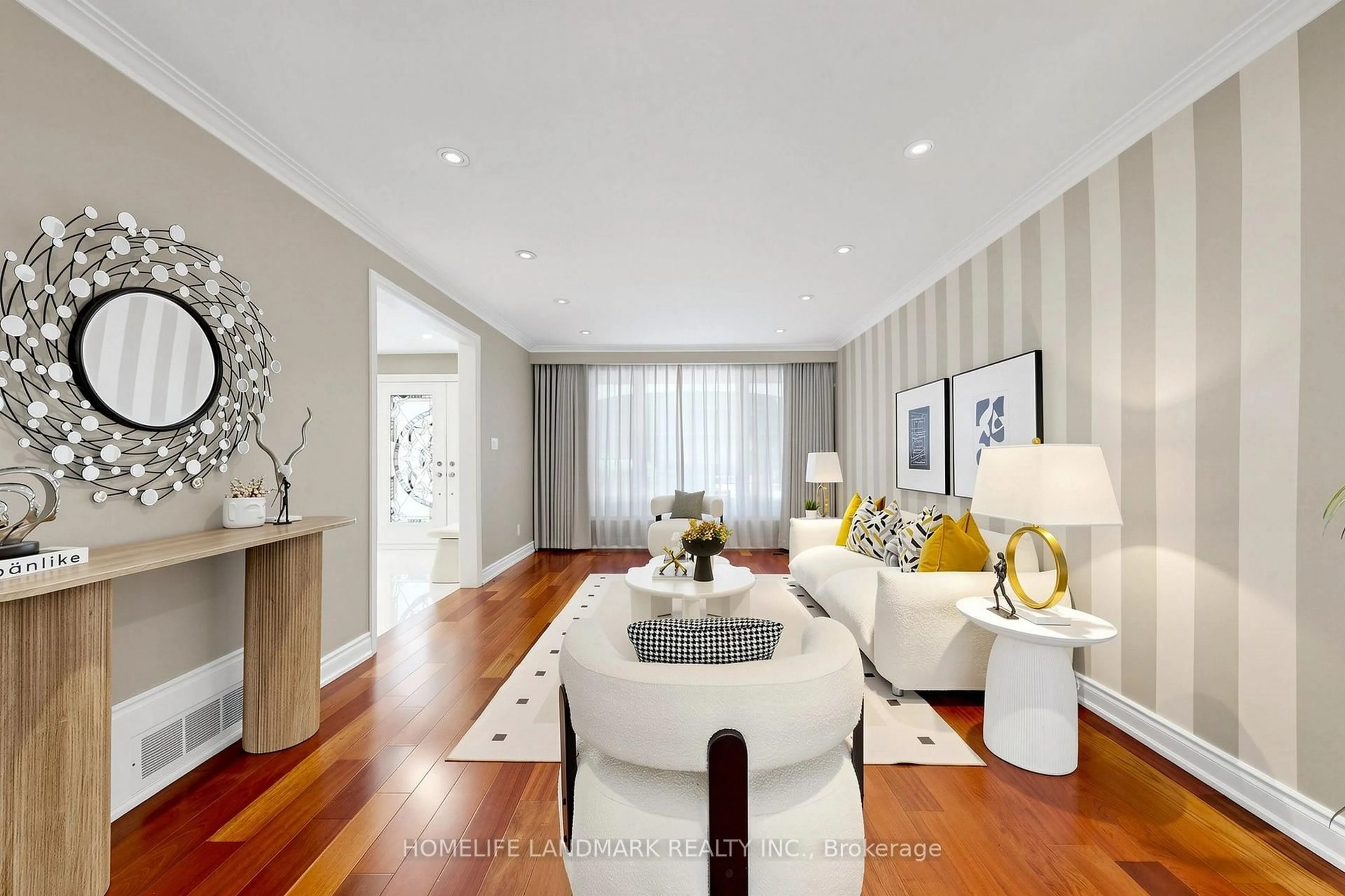 Living room with furniture, wood/laminate floor for 56 Kentland Cres, Toronto Ontario M2M 2X6