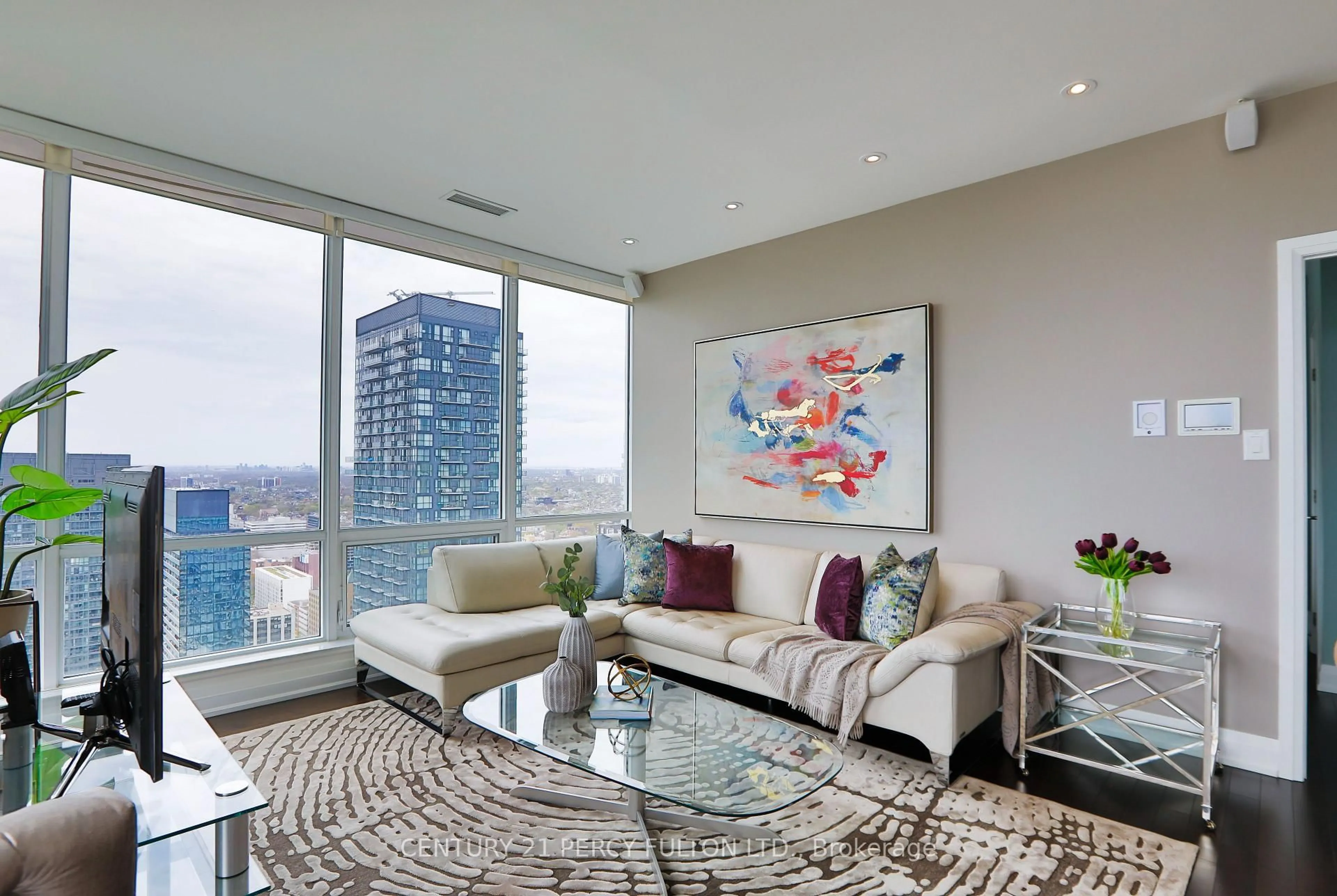 Living room with furniture, carpet floor for 80 John St #4002, Toronto Ontario M5V 3X4
