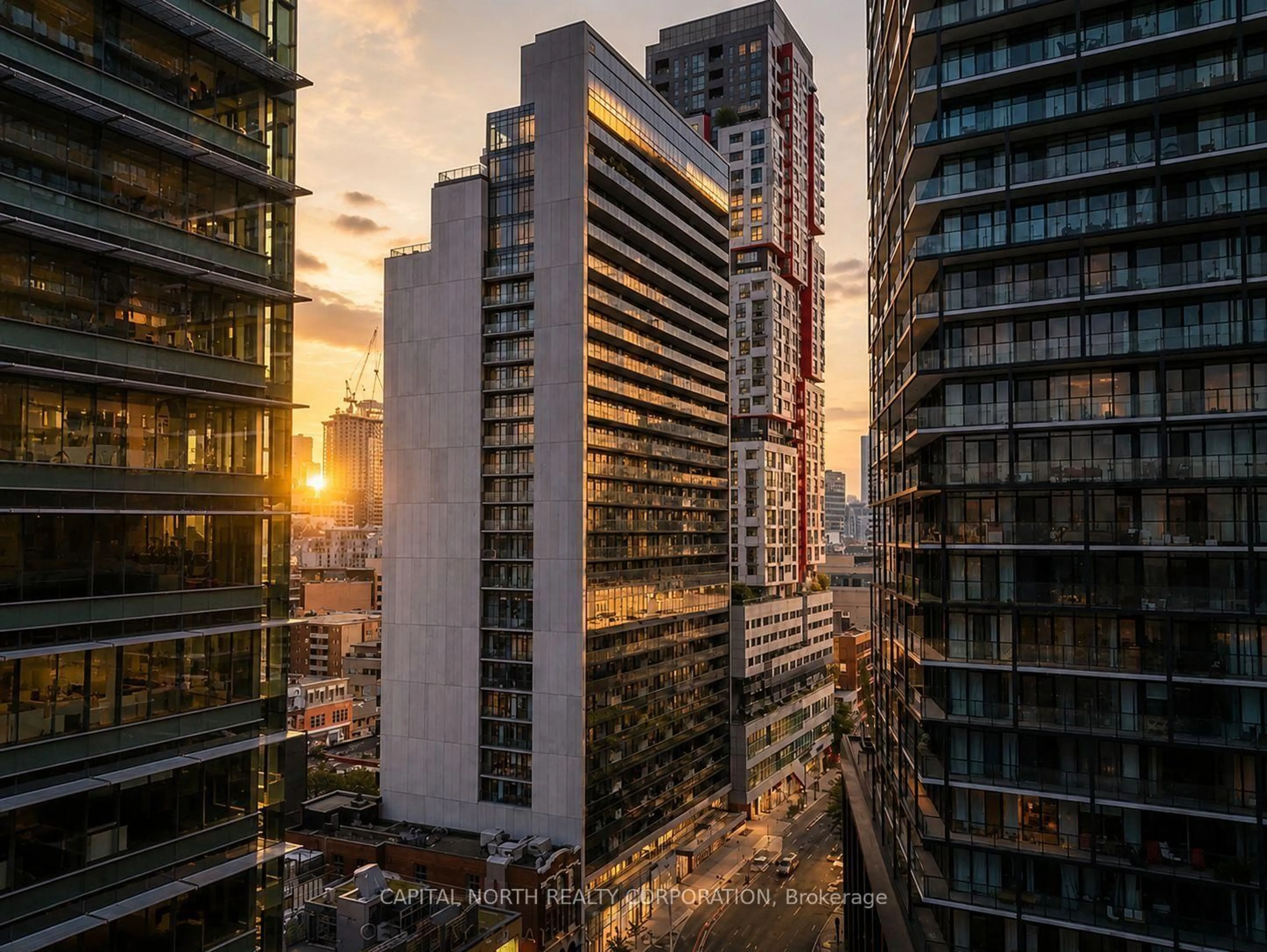 A pic from outside/outdoor area/front of a property/back of a property/a pic from drone, city buildings view from balcony for 330 Richmond St #2507, Toronto Ontario M5V 1X2