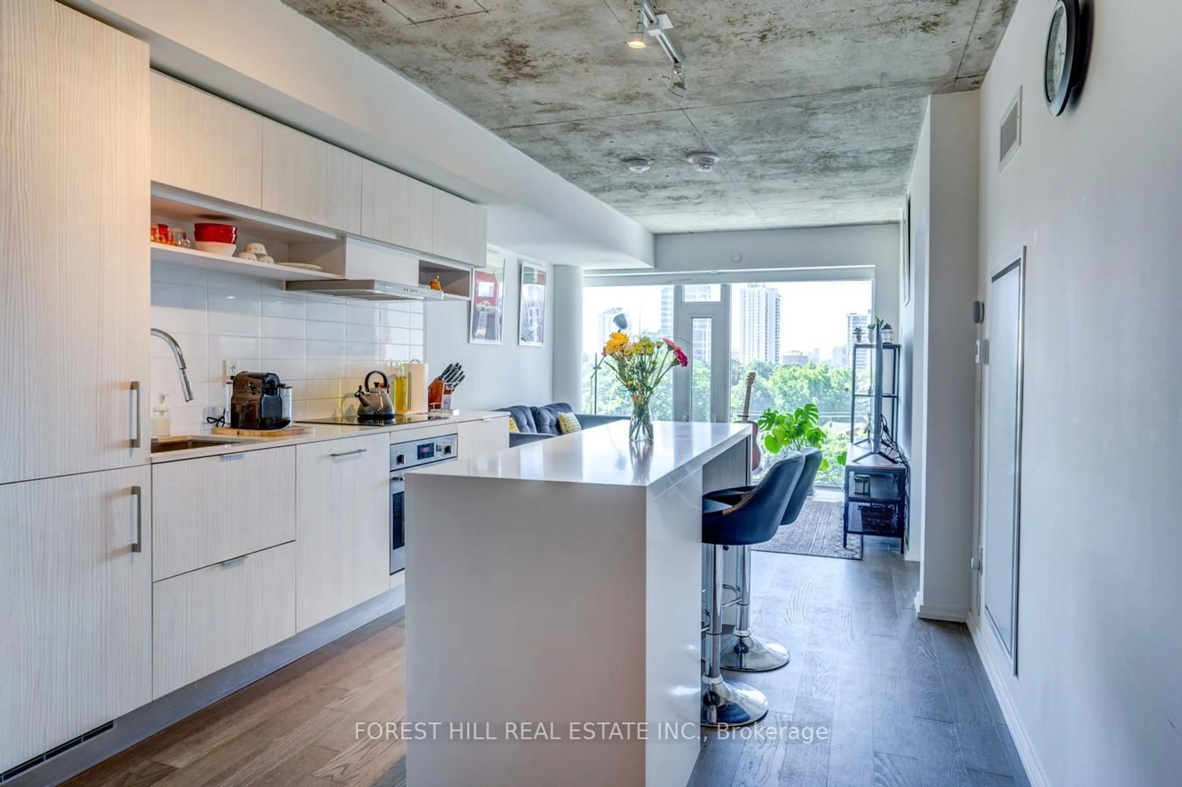 Open concept kitchen, cement floor for 8 Hillsdale Ave #736, Toronto Ontario M4S 0B2