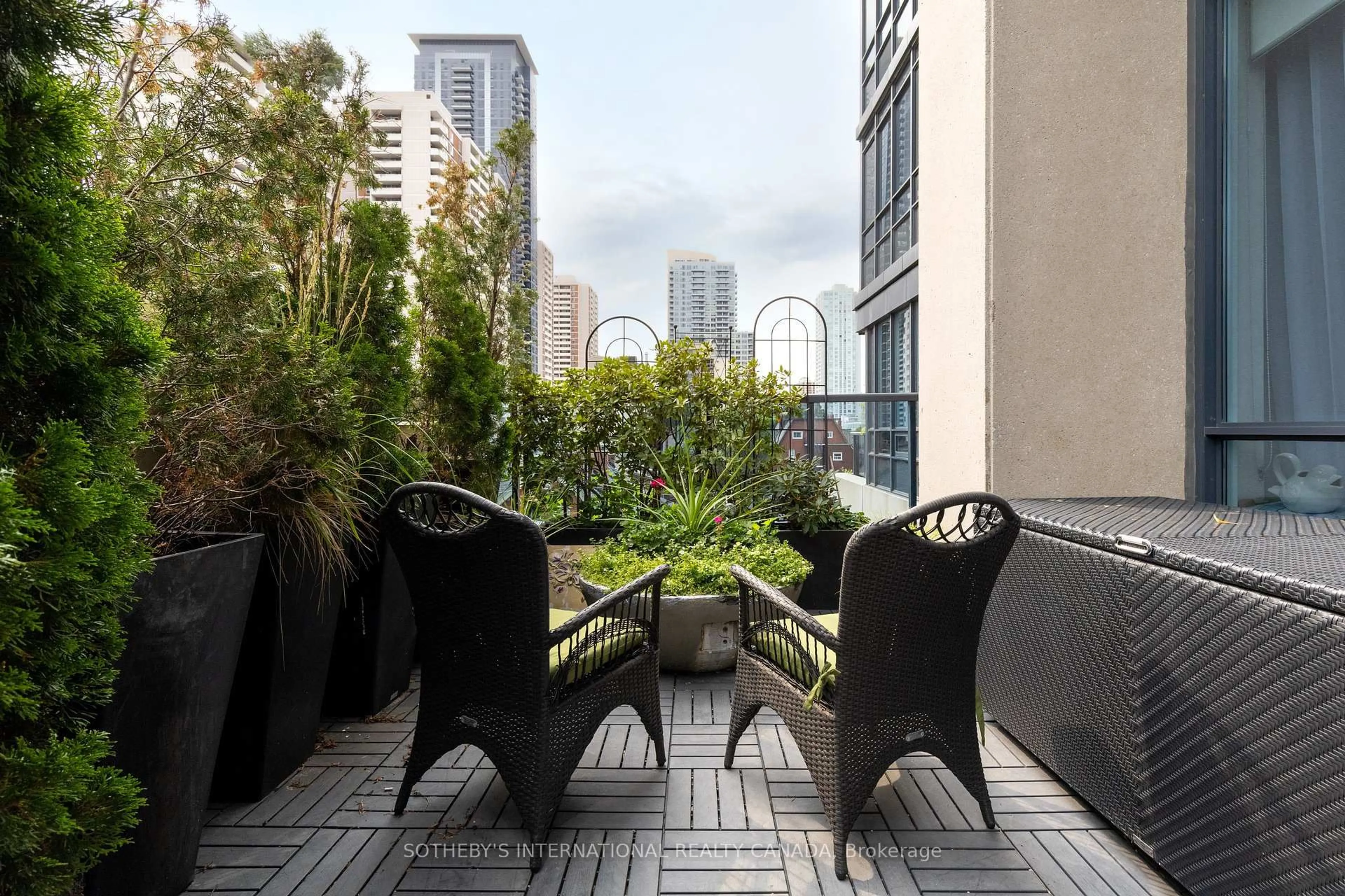 Patio, city buildings view from balcony for 28 Linden St #402, Toronto Ontario M4Y 0A4