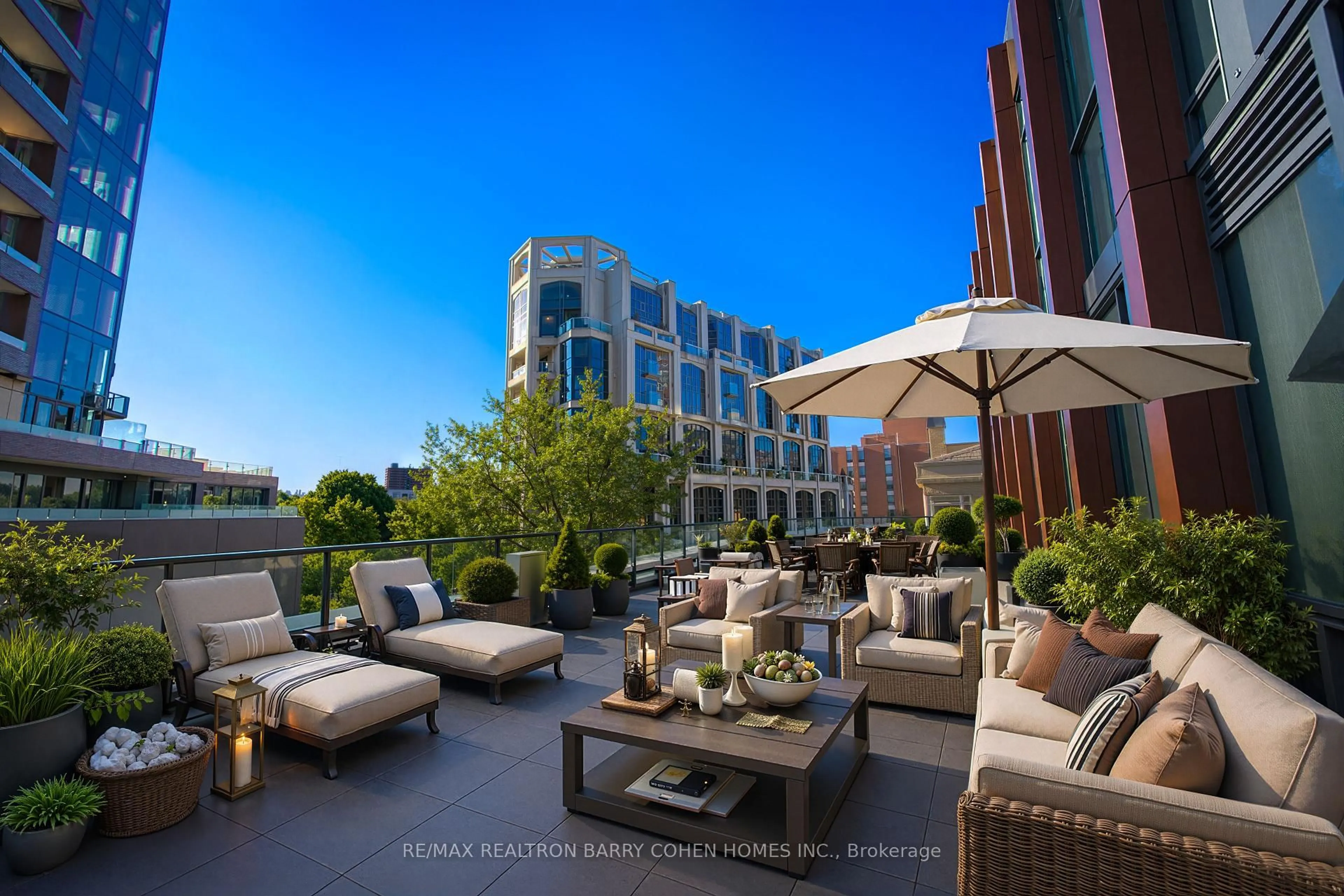 Patio, city buildings view from balcony for 32 Davenport Rd #303, Toronto Ontario M5R 0B5