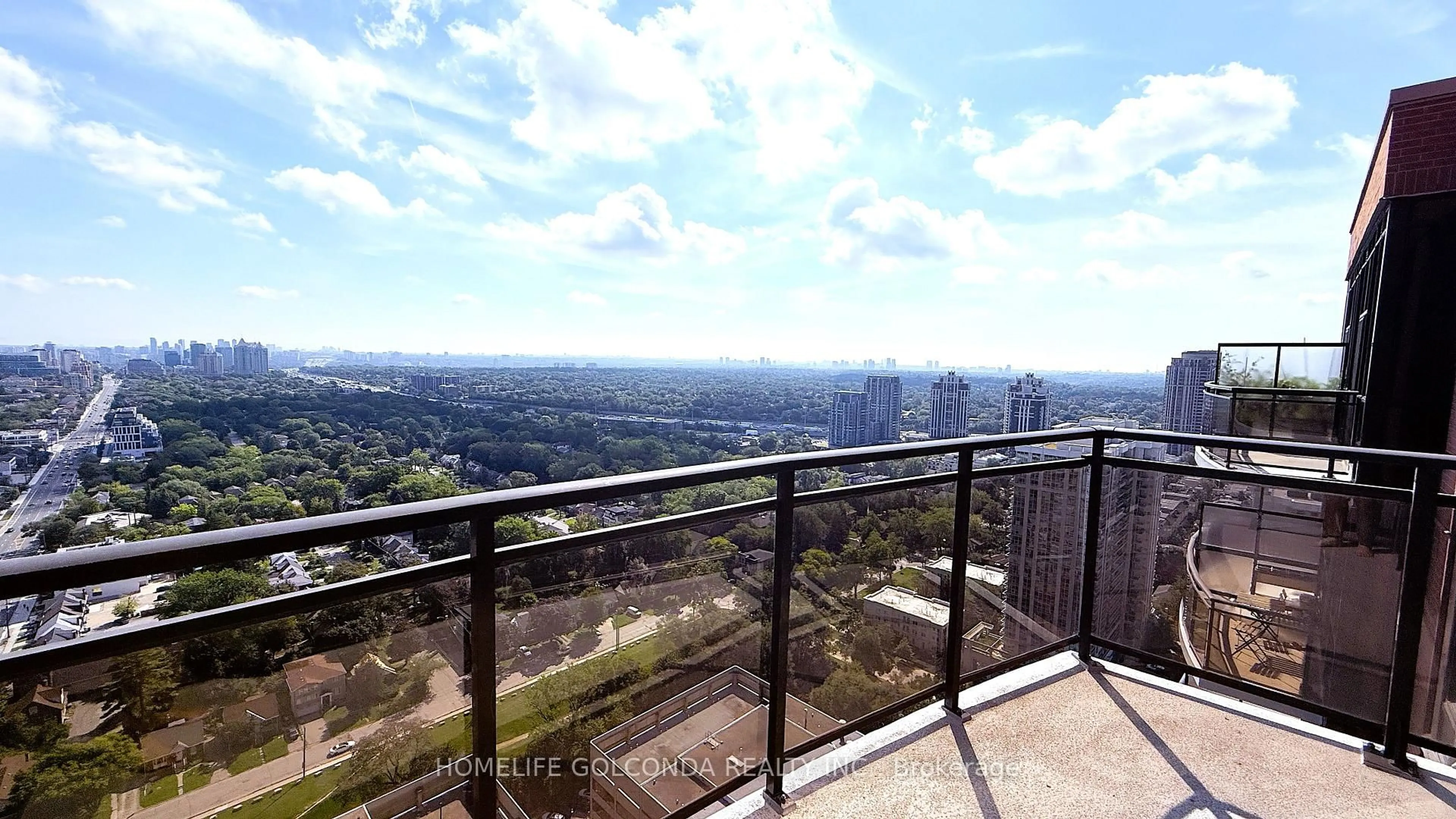 Balcony in the apartment, city buildings view from balcony for 33 Sheppard Ave #3412, Toronto Ontario M2N 7K1