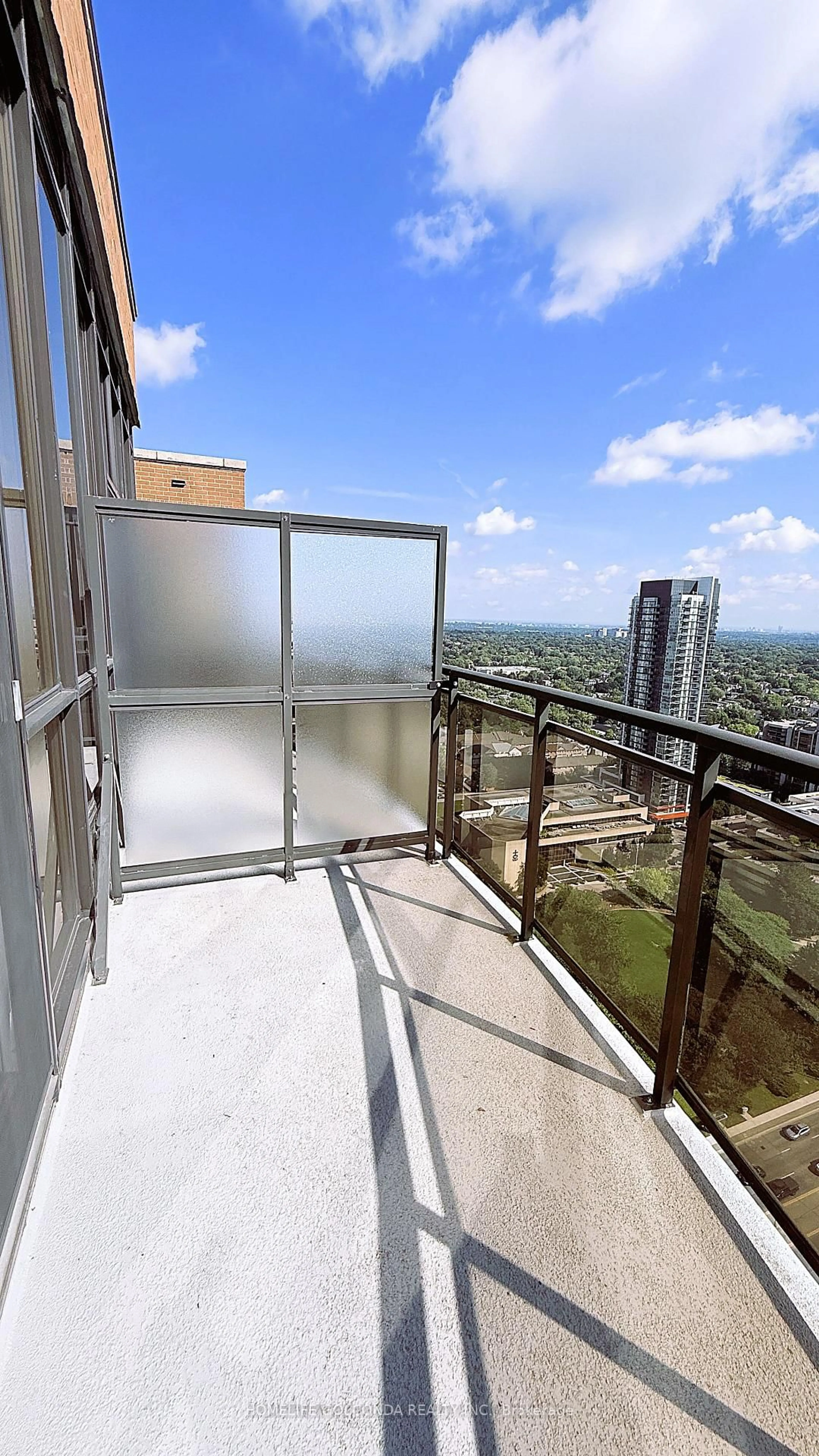 Balcony in the apartment, city buildings view from balcony for 33 Sheppard Ave #3412, Toronto Ontario M2N 7K1