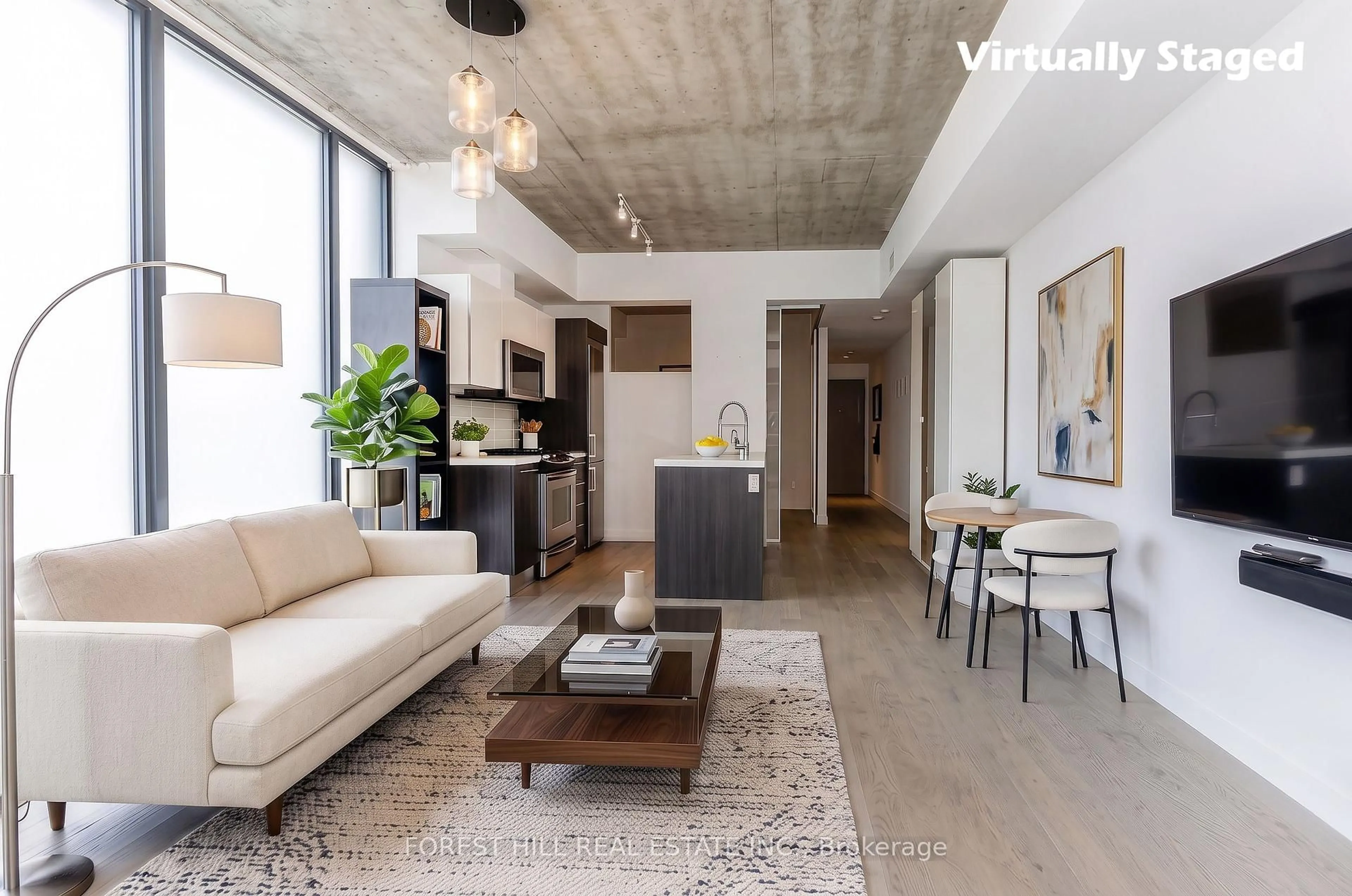 Living room with furniture, cement floor for 25 Stafford St #611, Toronto Ontario M5V 0G3