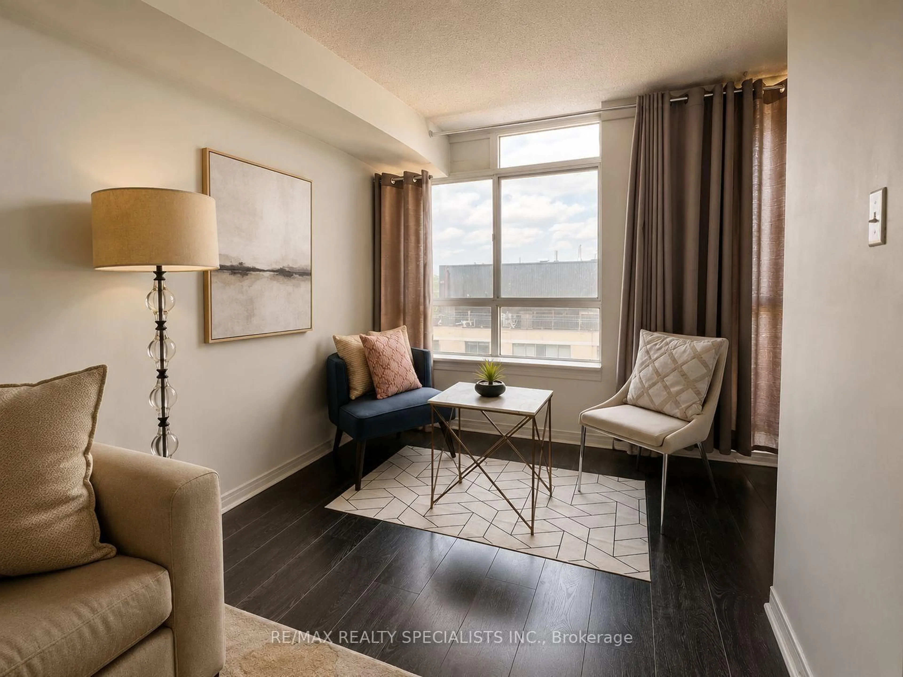 Living room with furniture, wood/laminate floor for 801 King St #1120, Toronto Ontario M5V 3C9