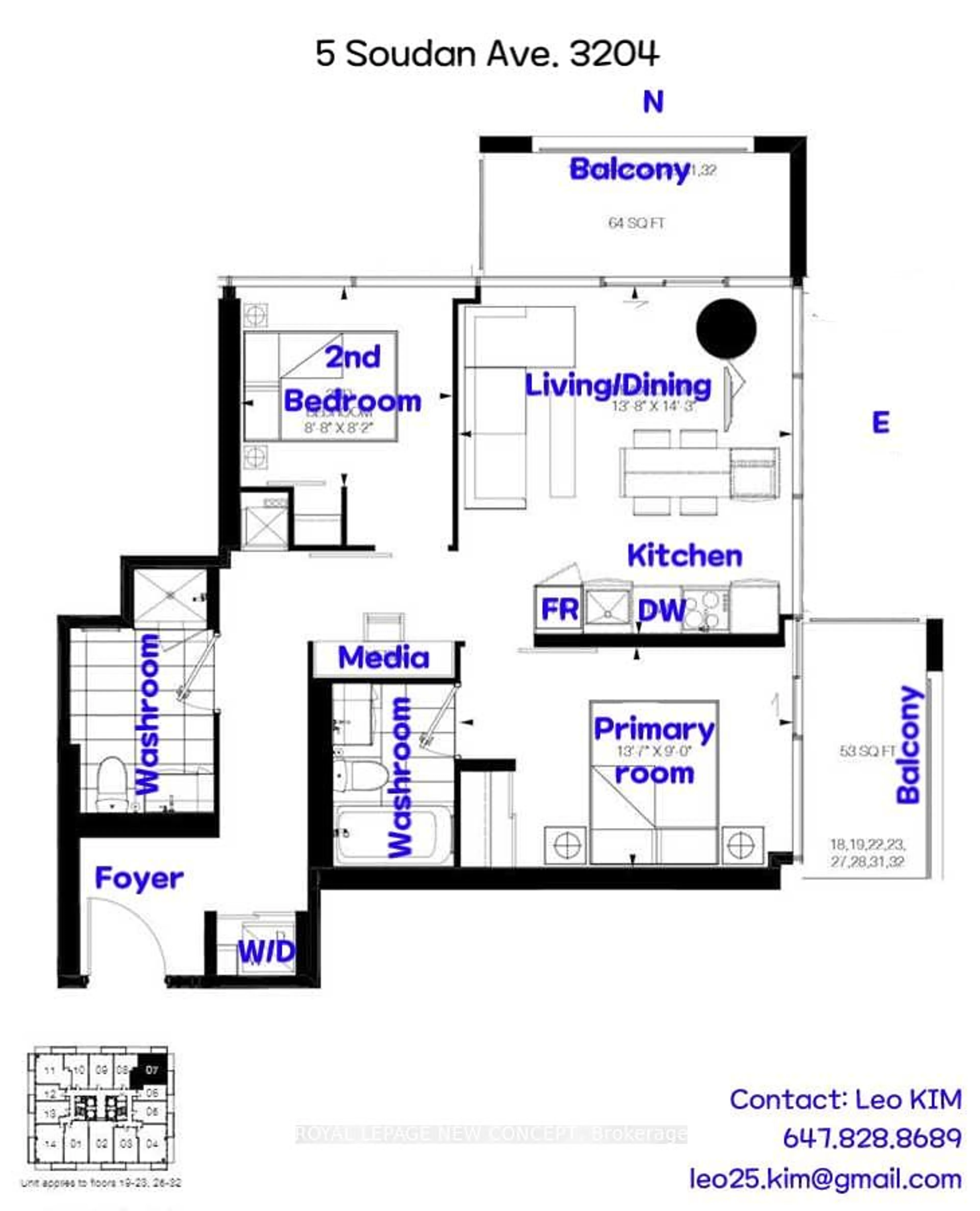 Floor plan for 5 Soudan Ave #3204, Toronto Ontario M4S 0B1