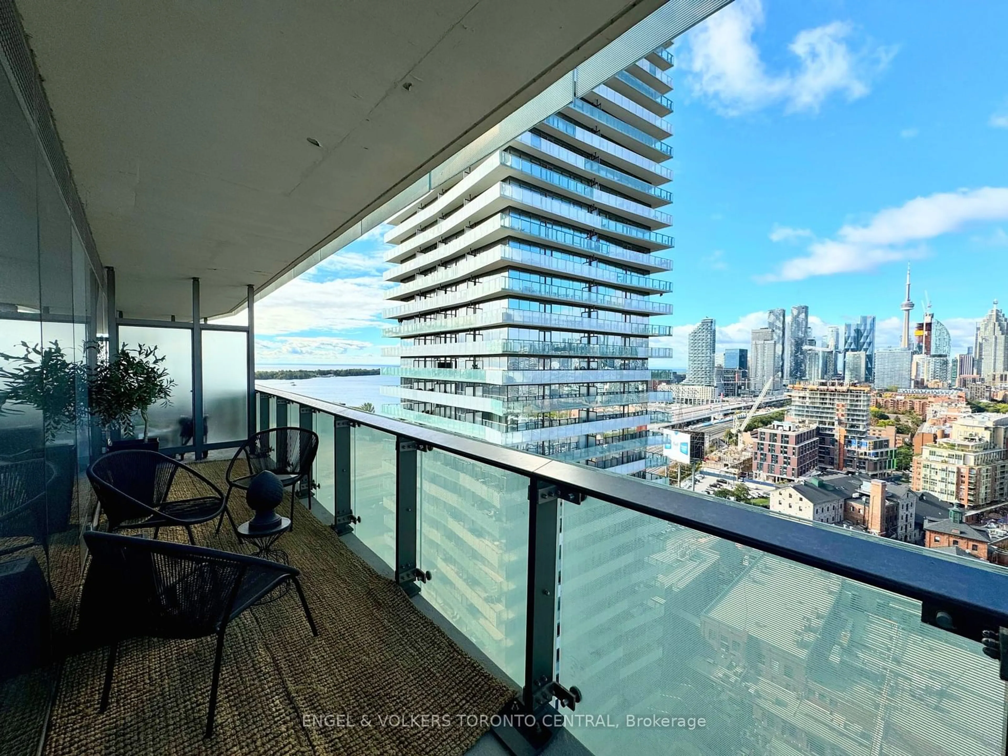 Balcony in the apartment, the view of city buildings for 390 Cherry St #2202, Toronto Ontario M5A 0E2