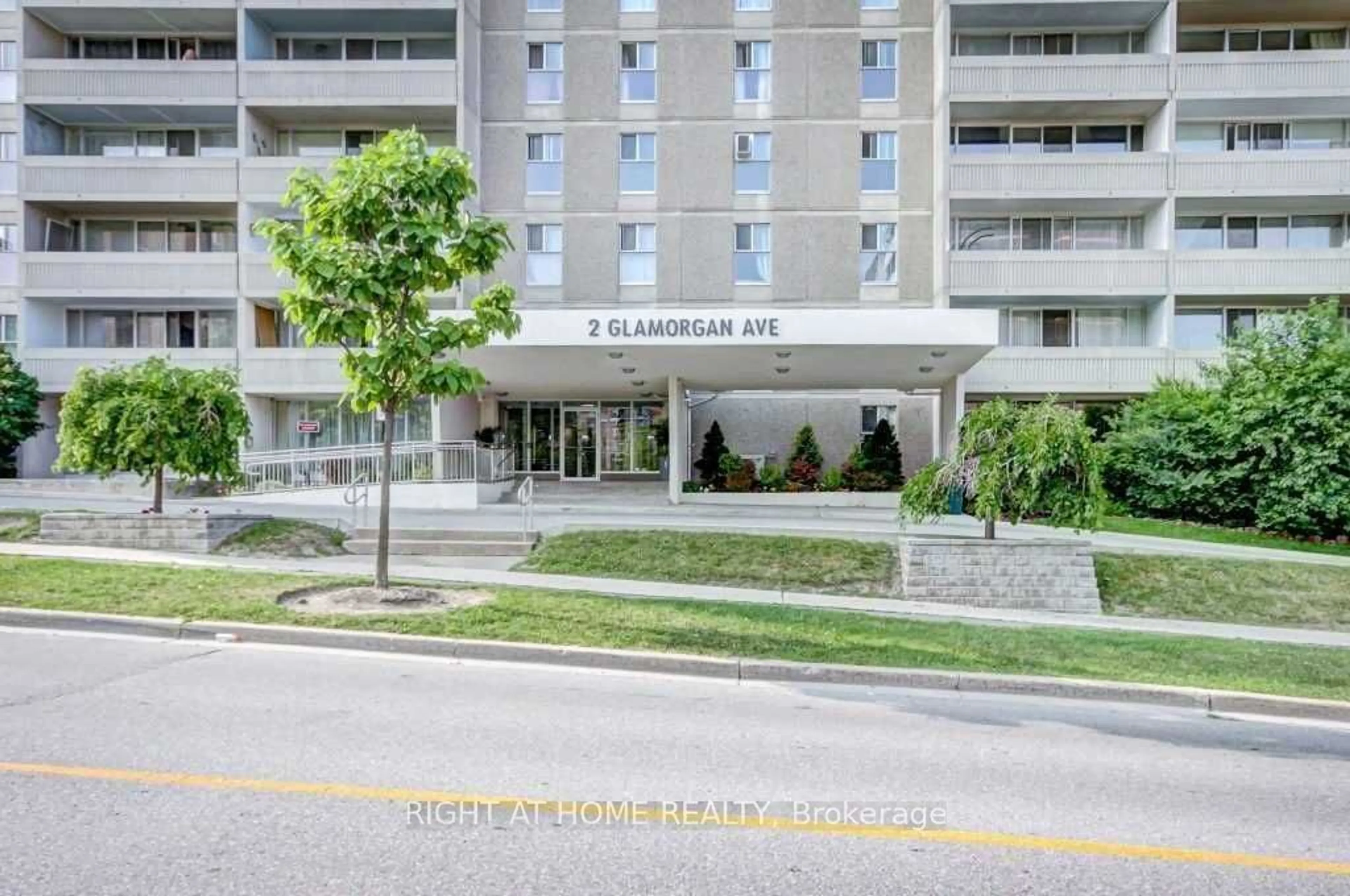 A pic from exterior of the house or condo, the street view for 2 Glamorgan Ave #1006, Toronto Ontario M1P 2M8