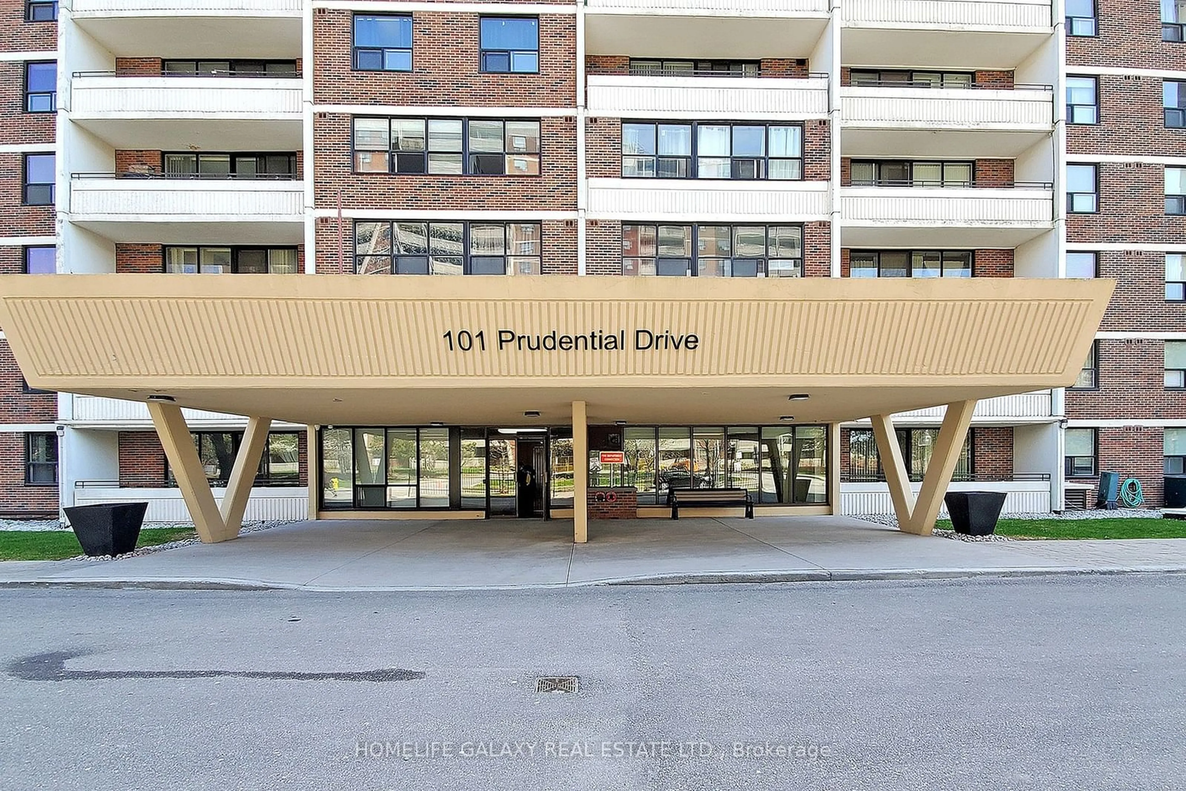 A pic from exterior of the house or condo, the street view for 101 Prudential Dr #608, Toronto Ontario M1P 4S5