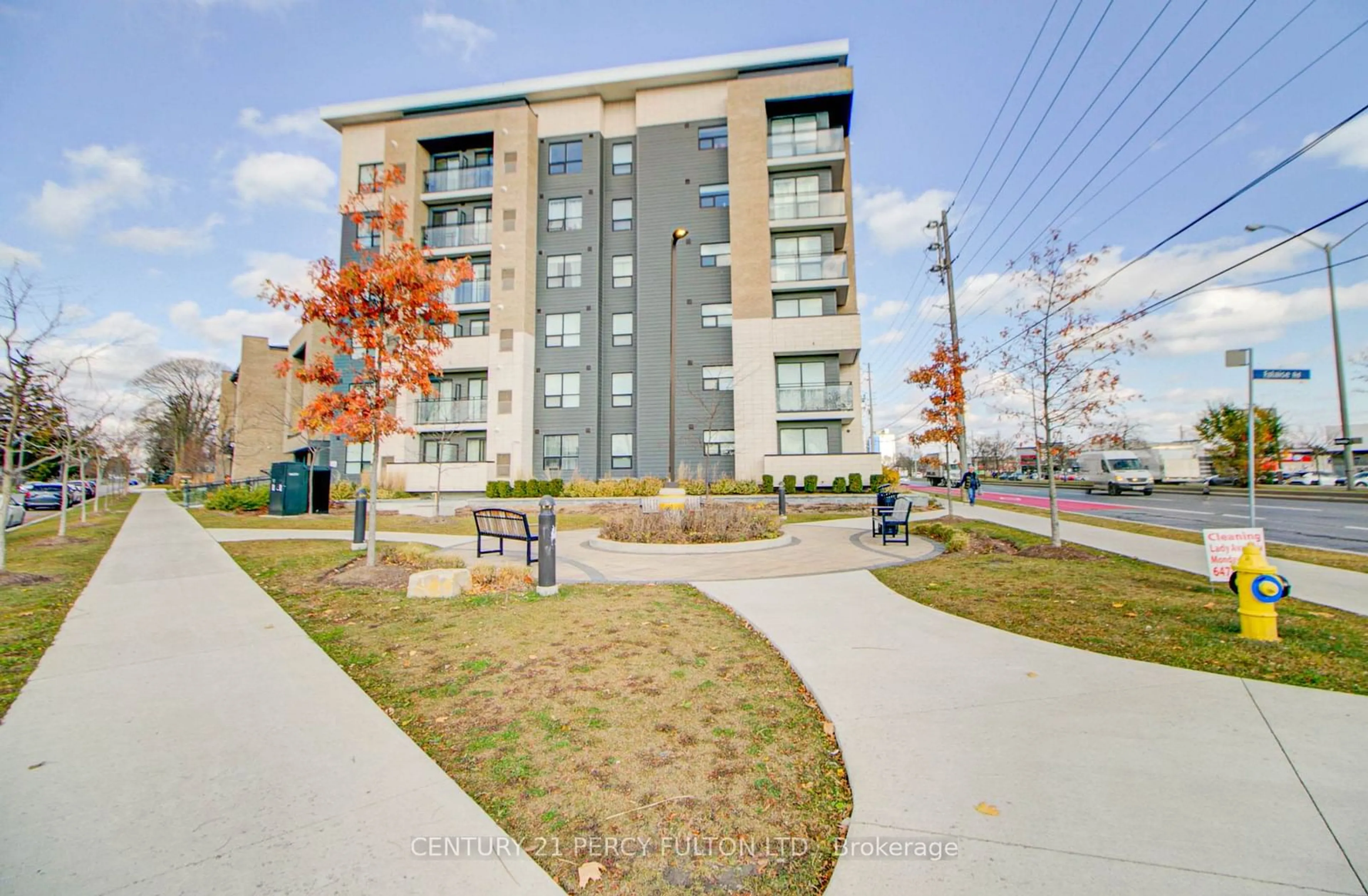 A pic from exterior of the house or condo, the street view for 1 Falaise Rd #501, Toronto Ontario M1E 0B9