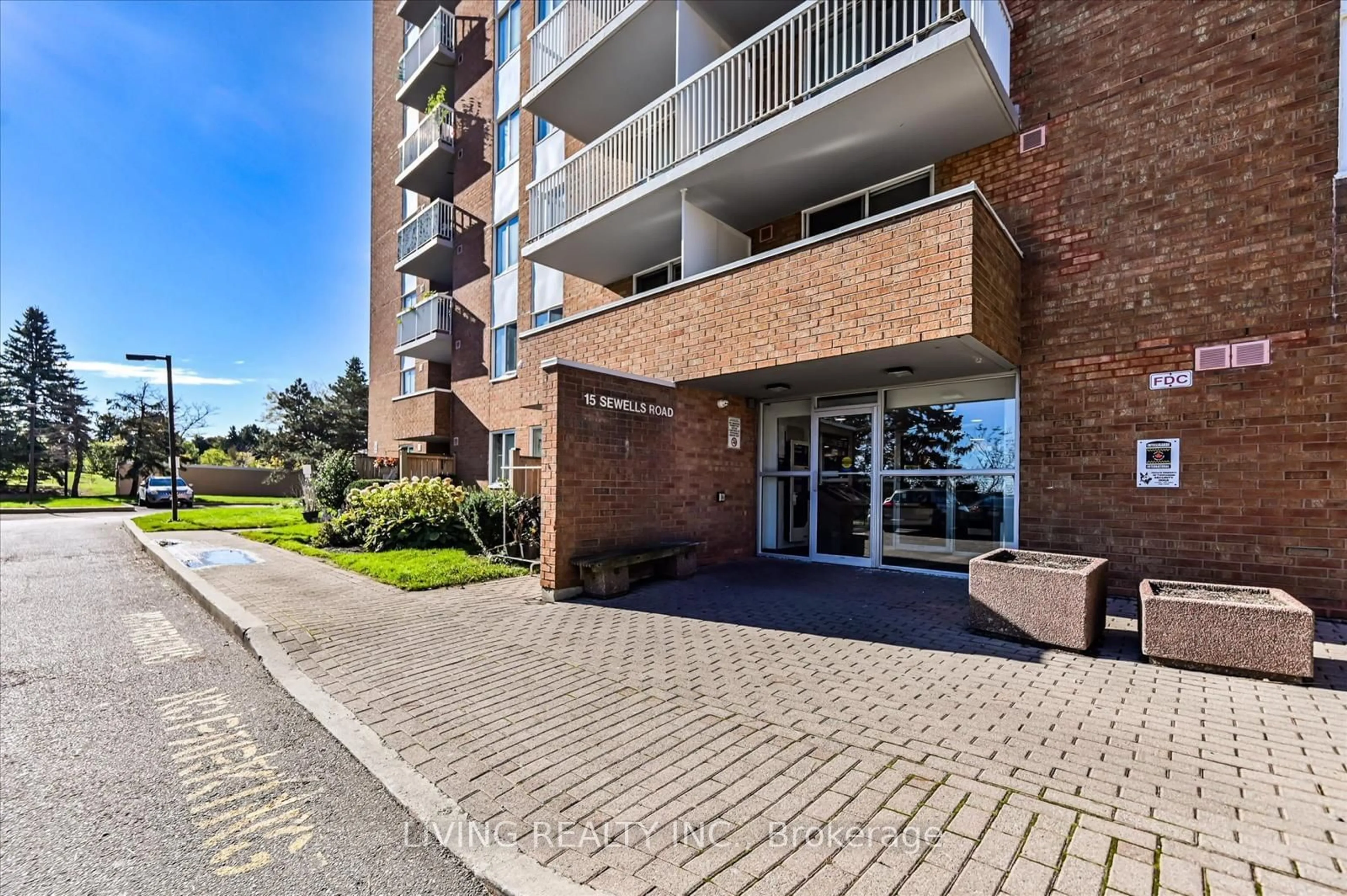 A pic from exterior of the house or condo, the street view for 15 Sewells Rd #1201, Toronto Ontario M1B 3V7