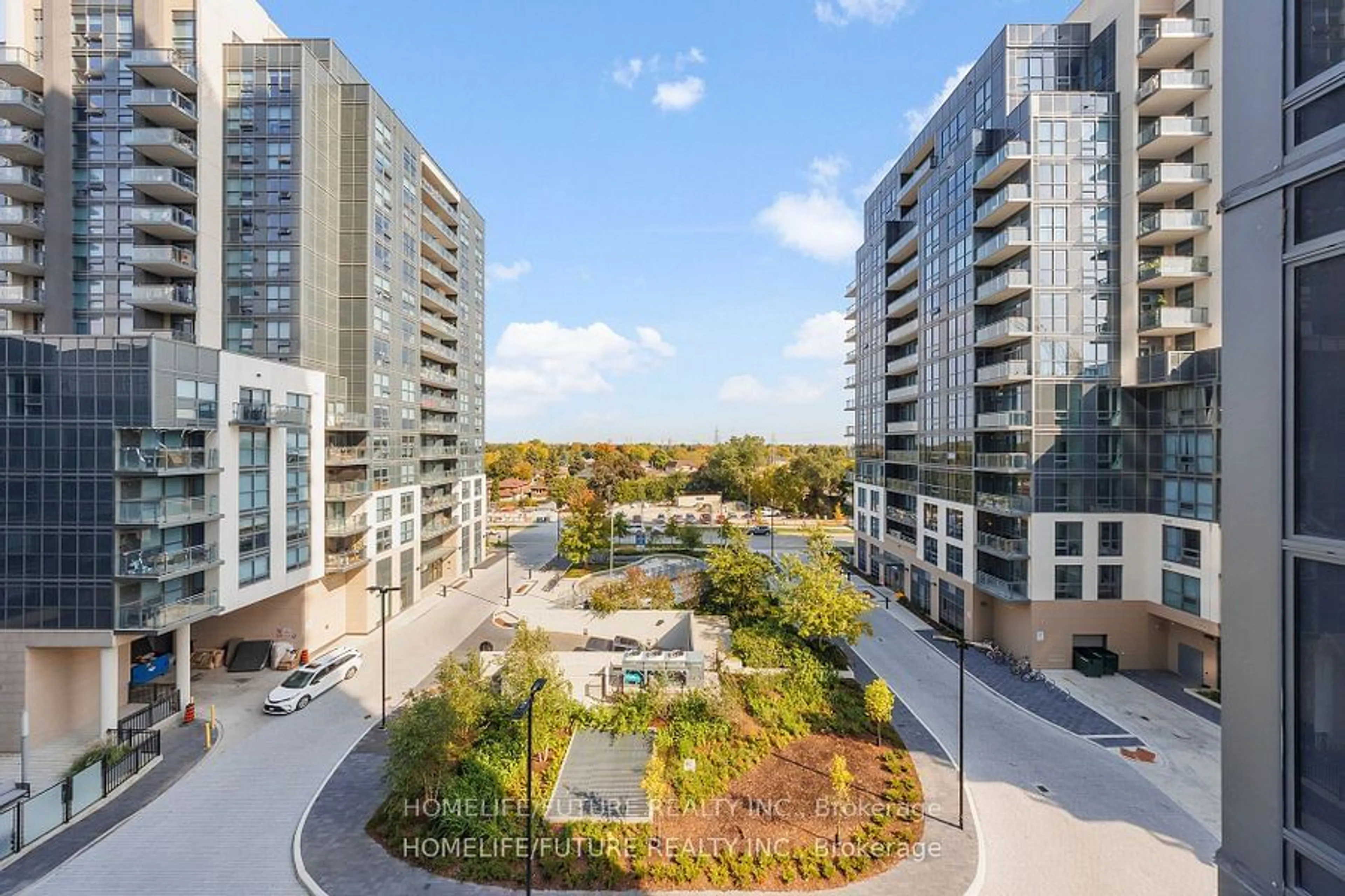 A pic from outside/outdoor area/front of a property/back of a property/a pic from drone, city buildings view from balcony for 20 Meadowglen Pl #630, Toronto Ontario M1G 0A9