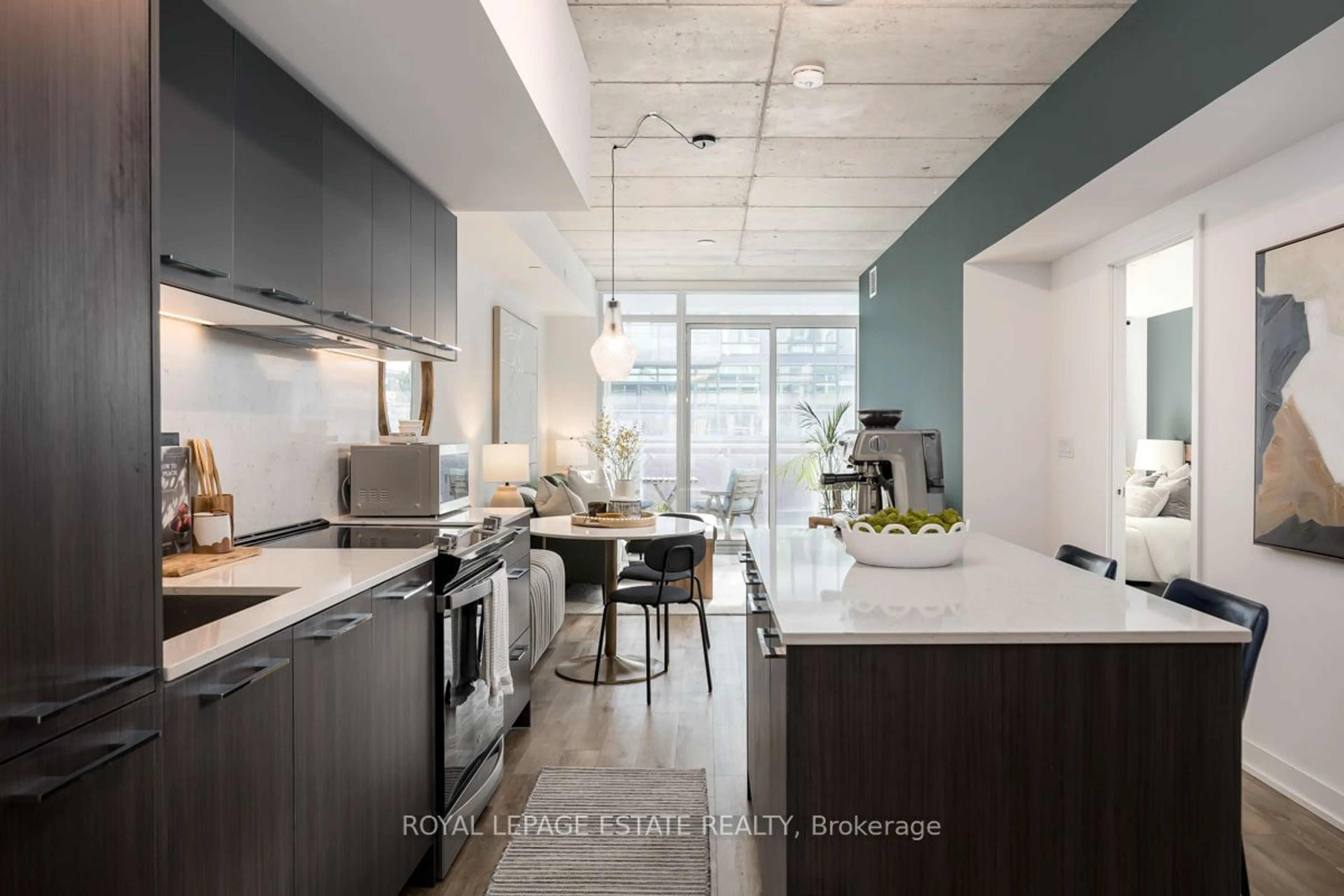 Contemporary kitchen, ceramic/tile floor for 665 Queen St #408, Toronto Ontario M4M 1G4