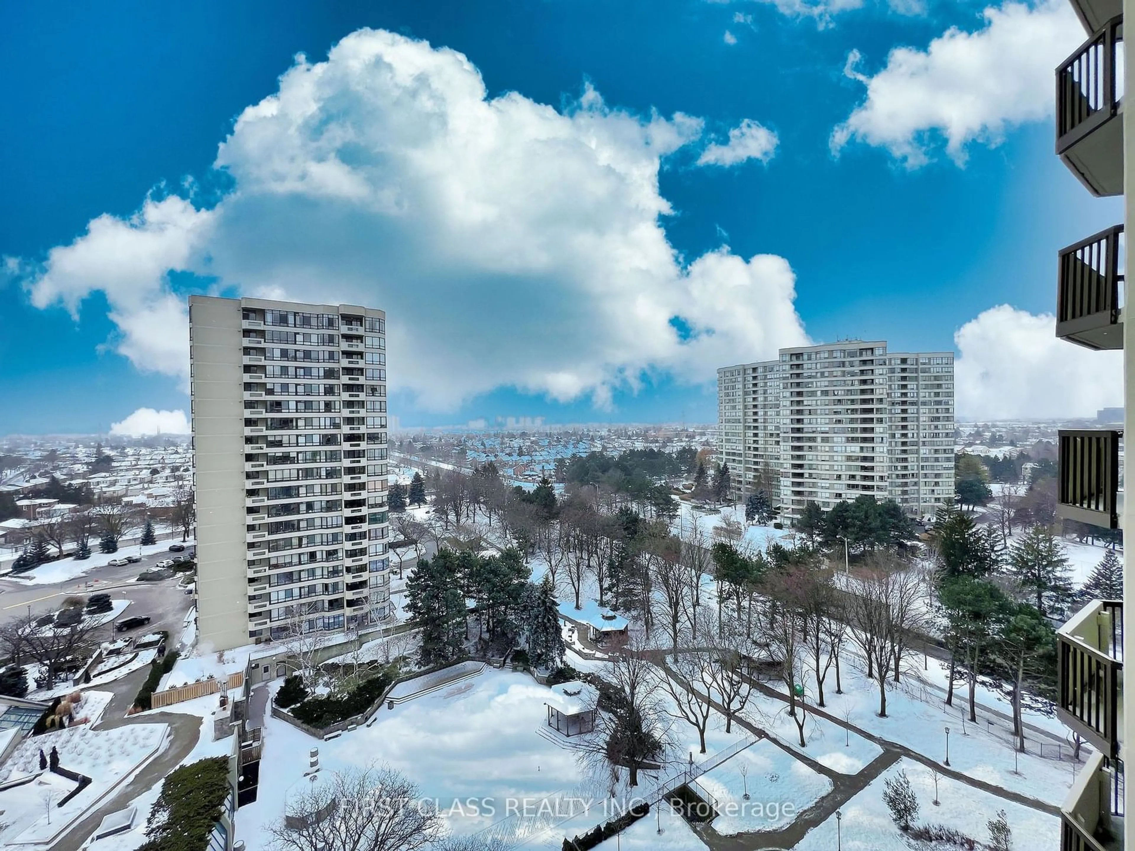 A pic from outside/outdoor area/front of a property/back of a property/a pic from drone, city buildings view from balcony for 275 Bamburgh Circ #1404, Toronto Ontario M1W 3X4