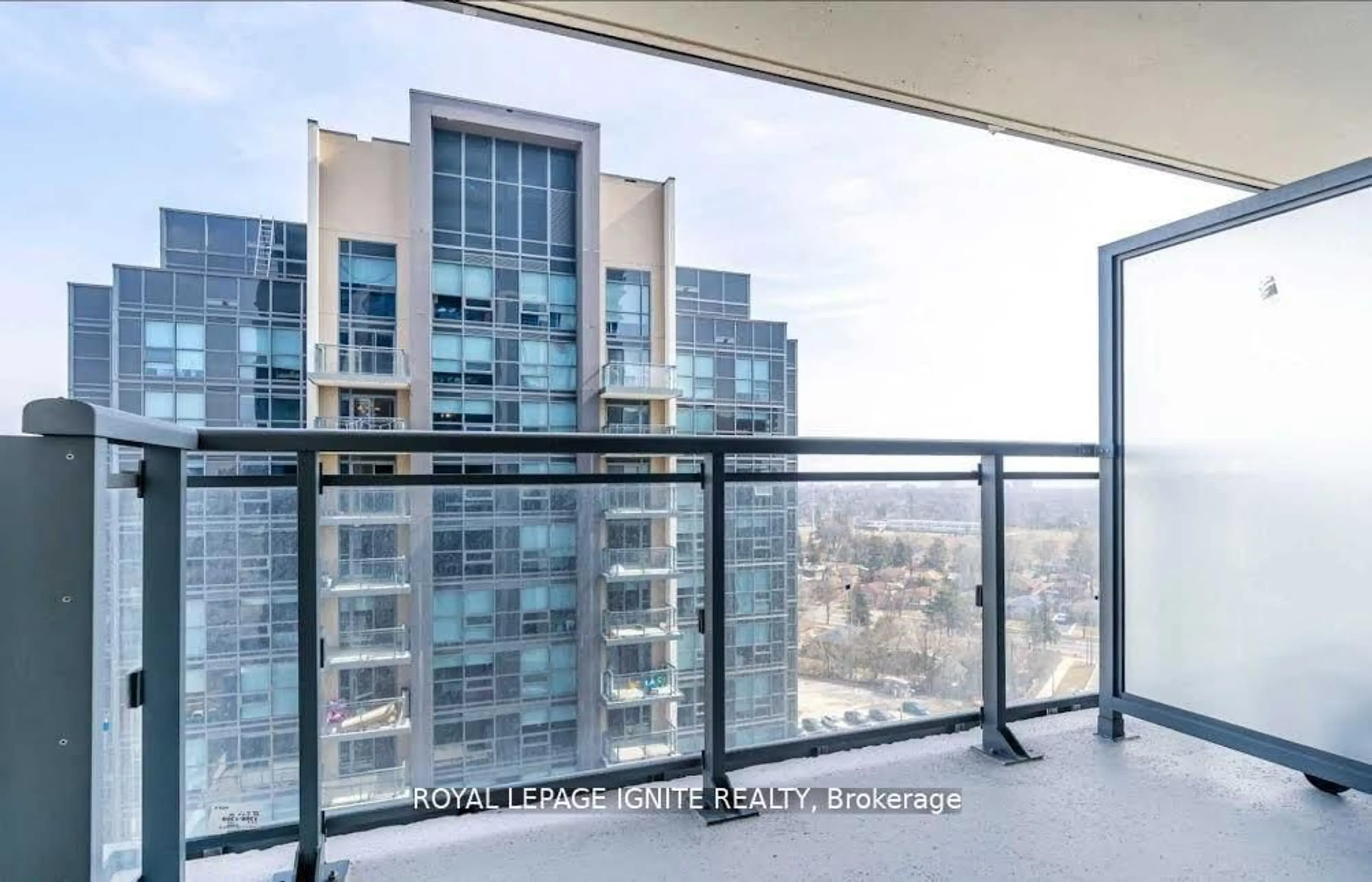 Balcony in the apartment, city buildings view from balcony for 30 Meadowglen Pl ##1408, Toronto Ontario M1G 0A6