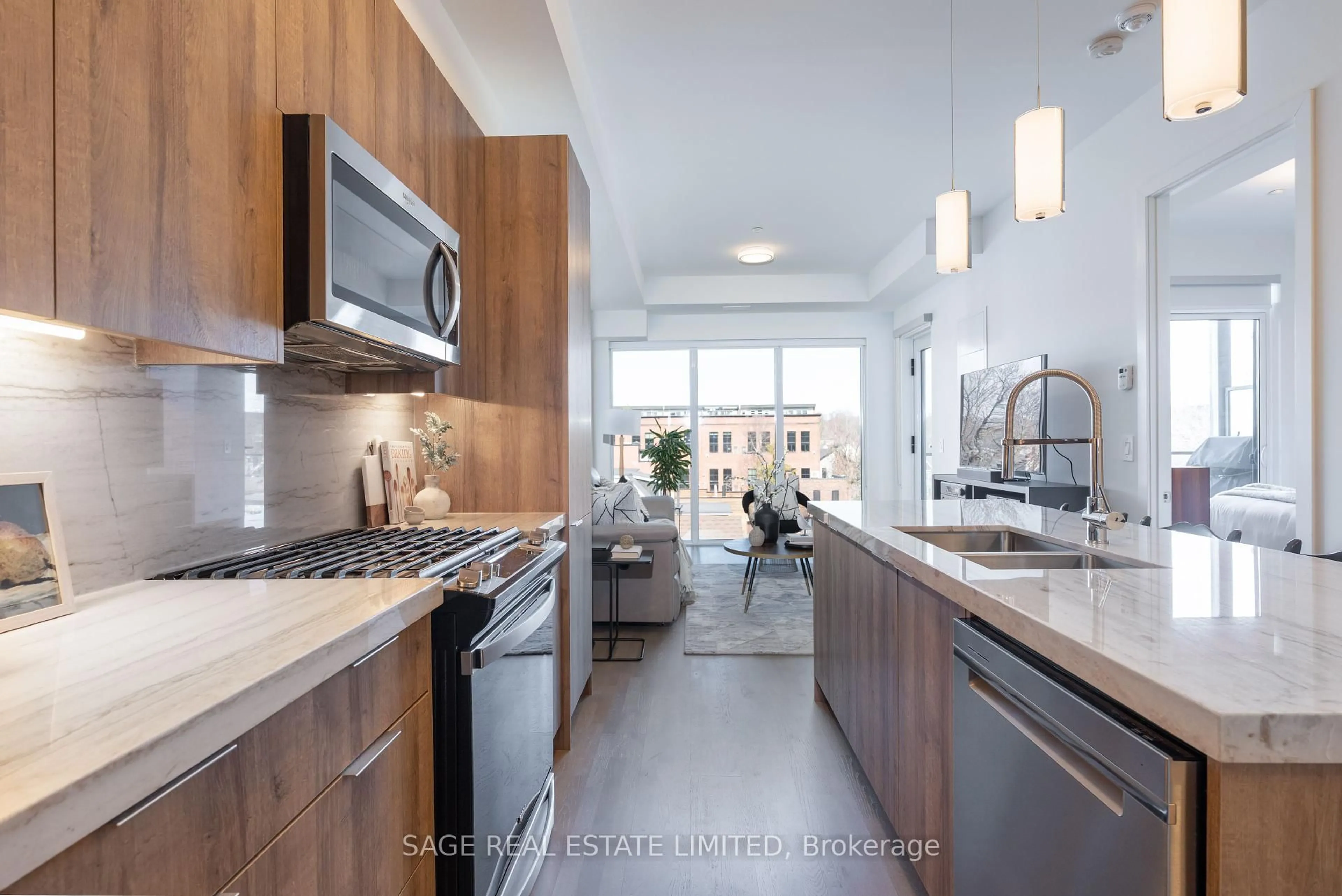 Contemporary kitchen, ceramic/tile floor for 495 Logan Ave #405, Toronto Ontario M4K 0A5