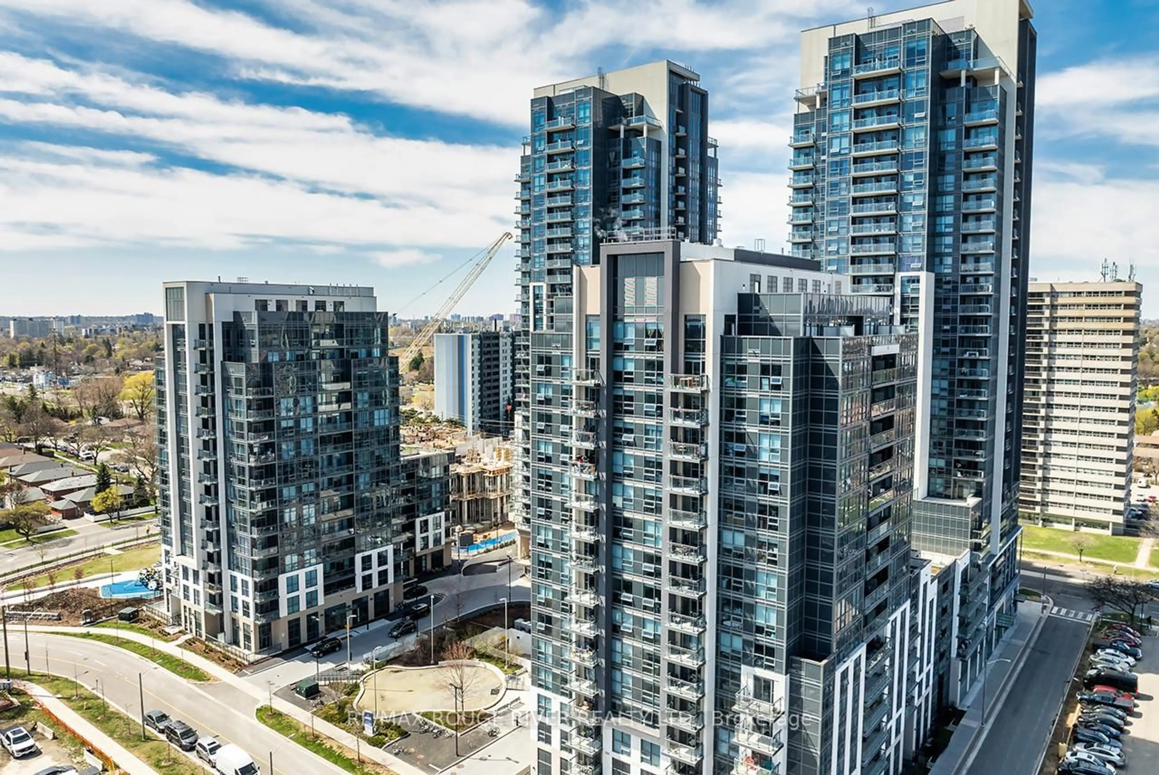 A pic from outside/outdoor area/front of a property/back of a property/a pic from drone, city buildings view from balcony for 30 Meadowglen Pl #1208, Toronto Ontario M1G 0A7