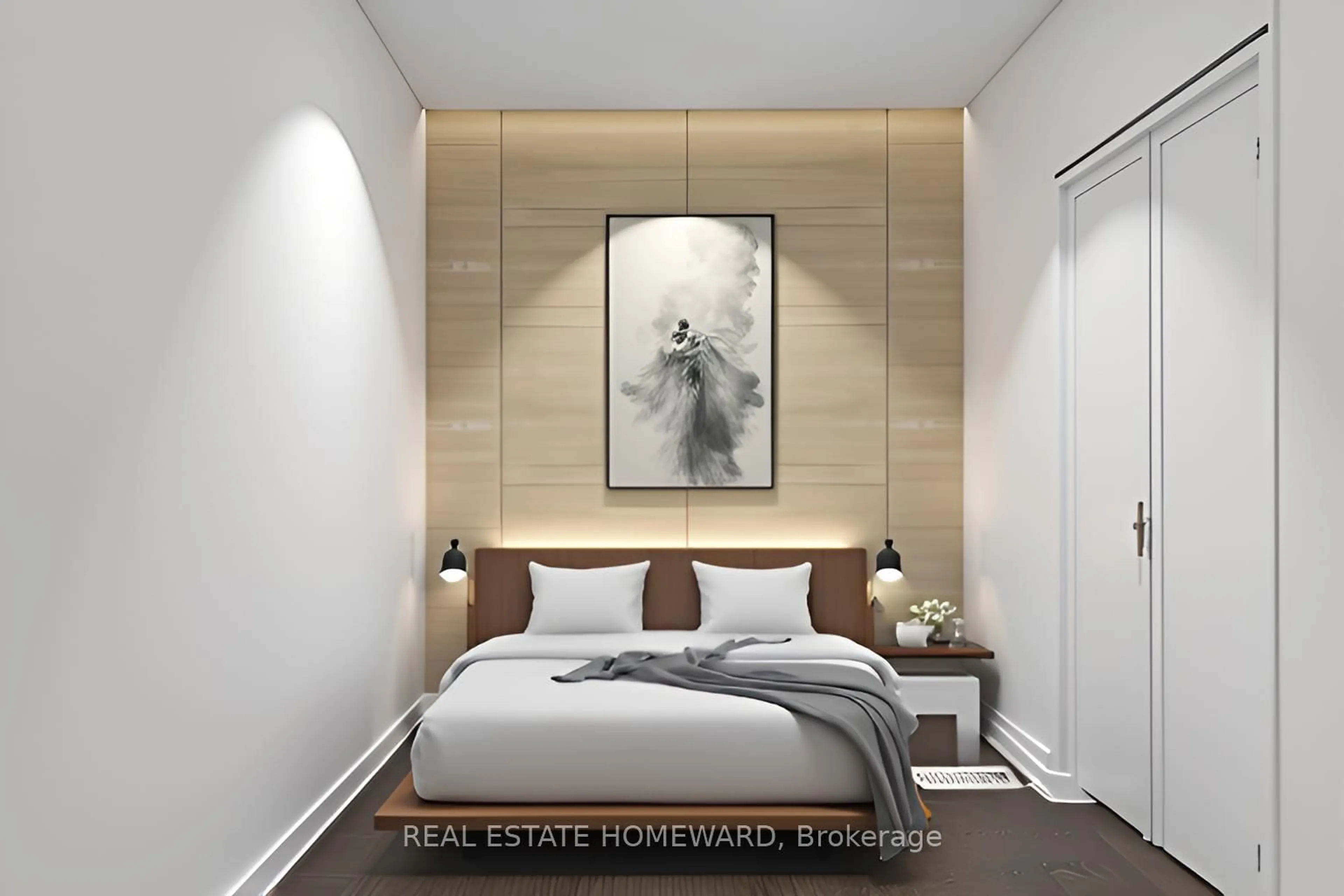 Bedroom with bed, wood/laminate floor for 201 Carlaw Ave #128, Toronto Ontario M4M 2S3