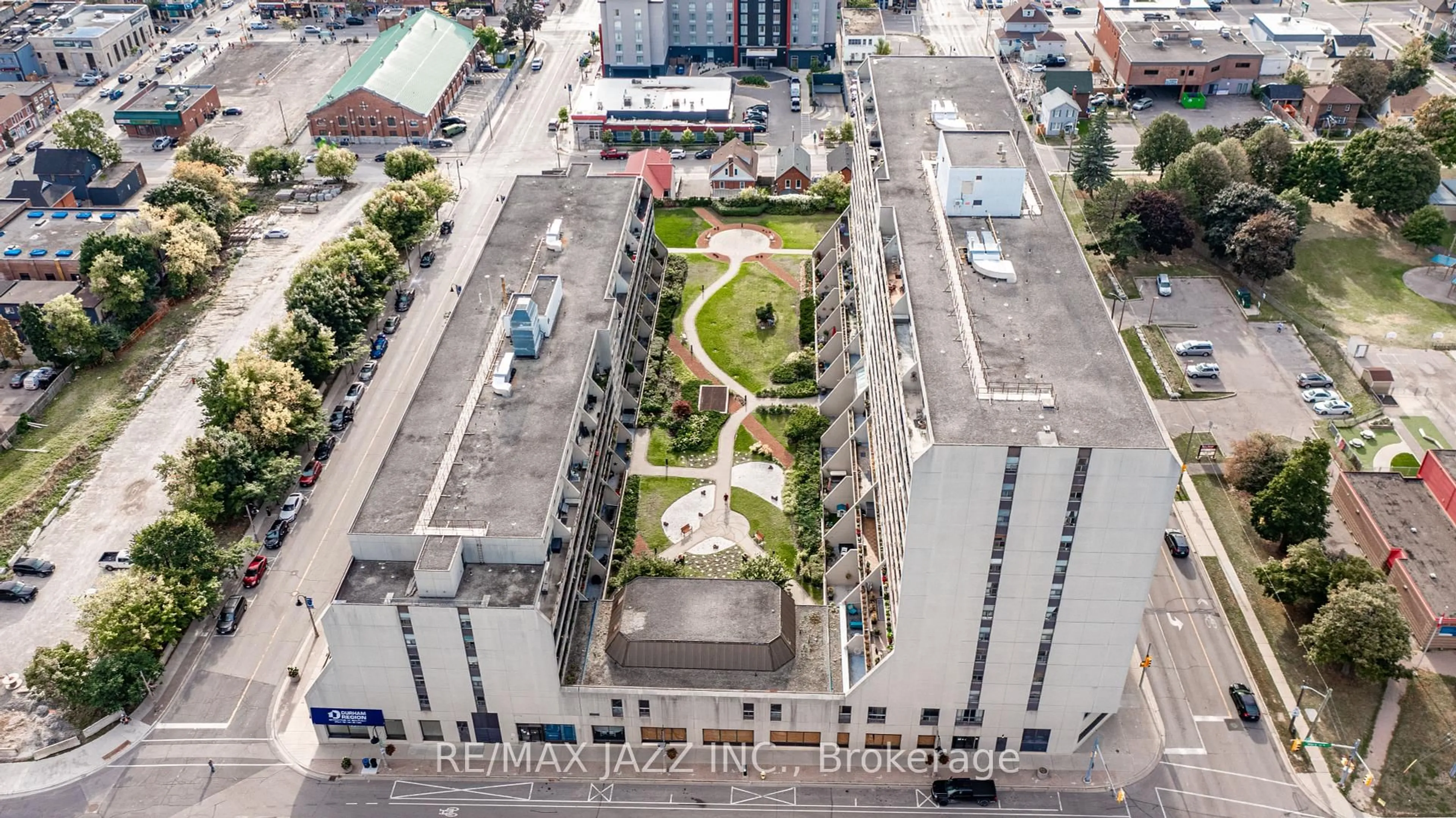 A pic from outside/outdoor area/front of a property/back of a property/a pic from drone, city buildings view from balcony for 55 William St #1214, Oshawa Ontario L1G 7C9