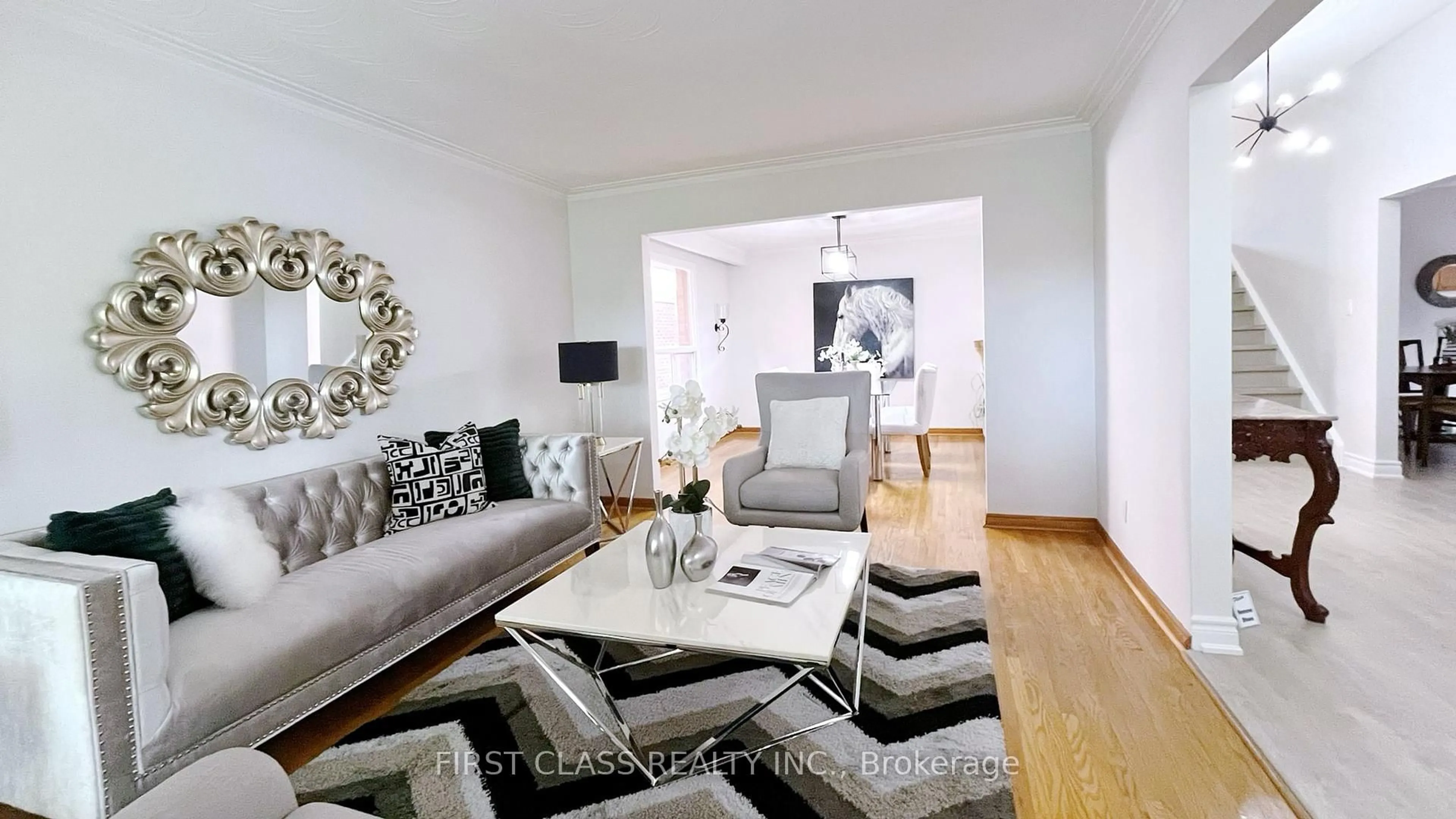 Living room with furniture, wood/laminate floor for 45 Lapworth Cres, Toronto Ontario M1V 2M6