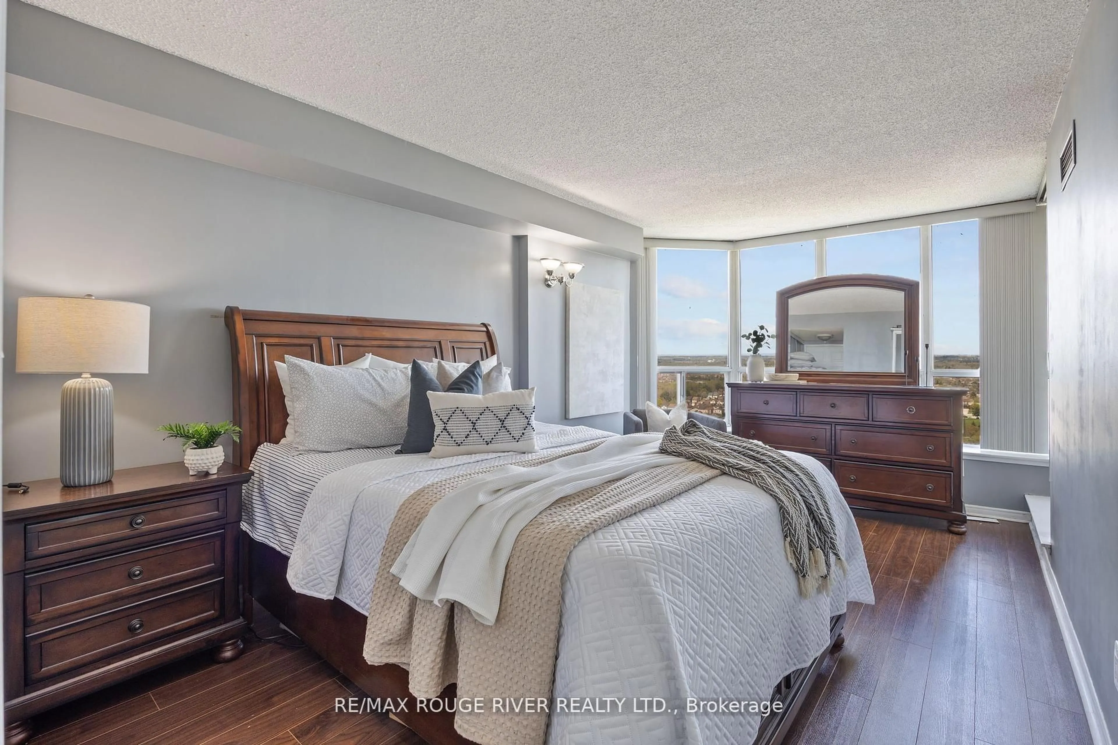 Bedroom with bed, wood/laminate floor for 400 McLevin Ave #1804, Toronto Ontario M1B 5J4