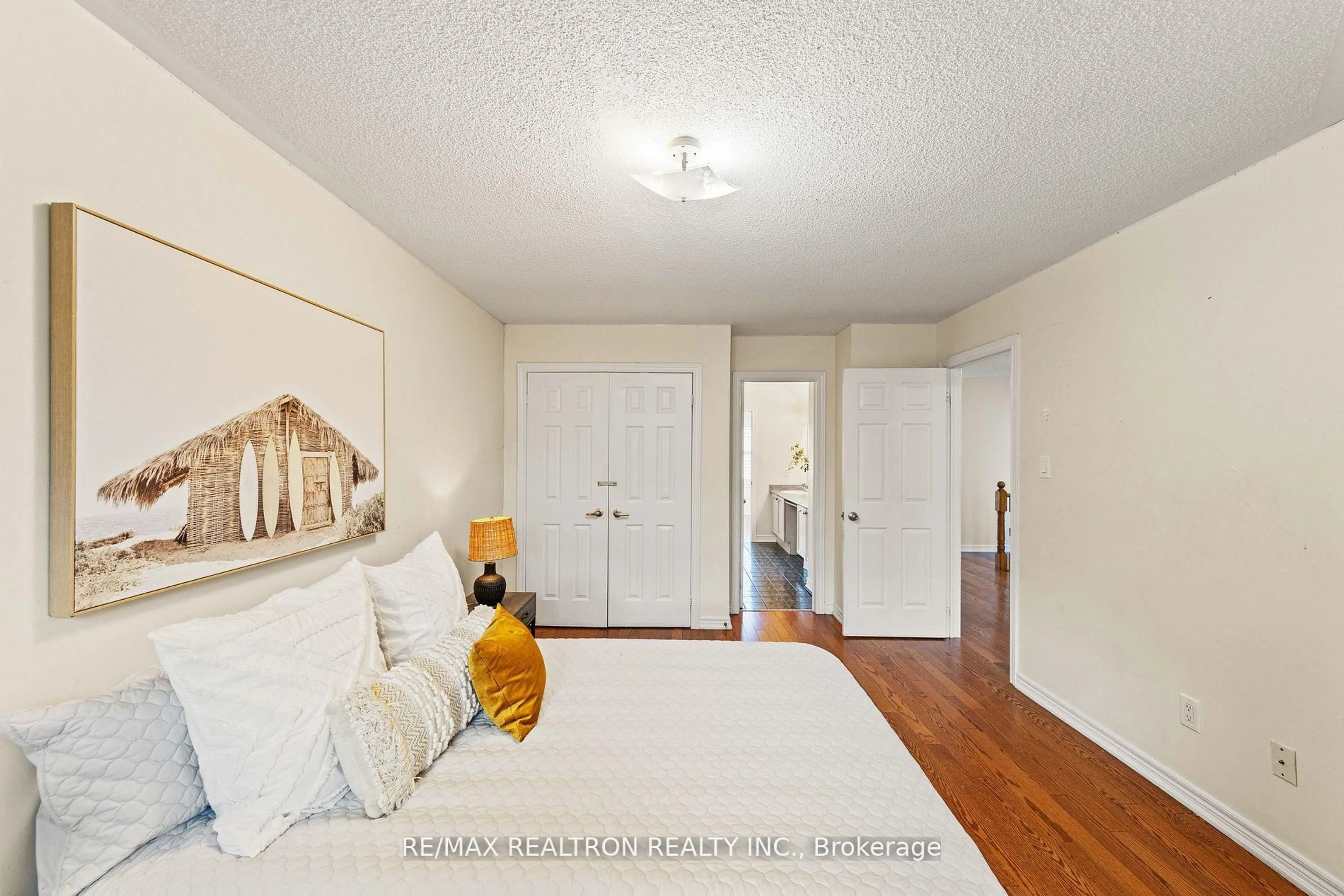 Bedroom with bed, wood/laminate floor for 451 Staines Rd, Toronto Ontario M1X 2B9
