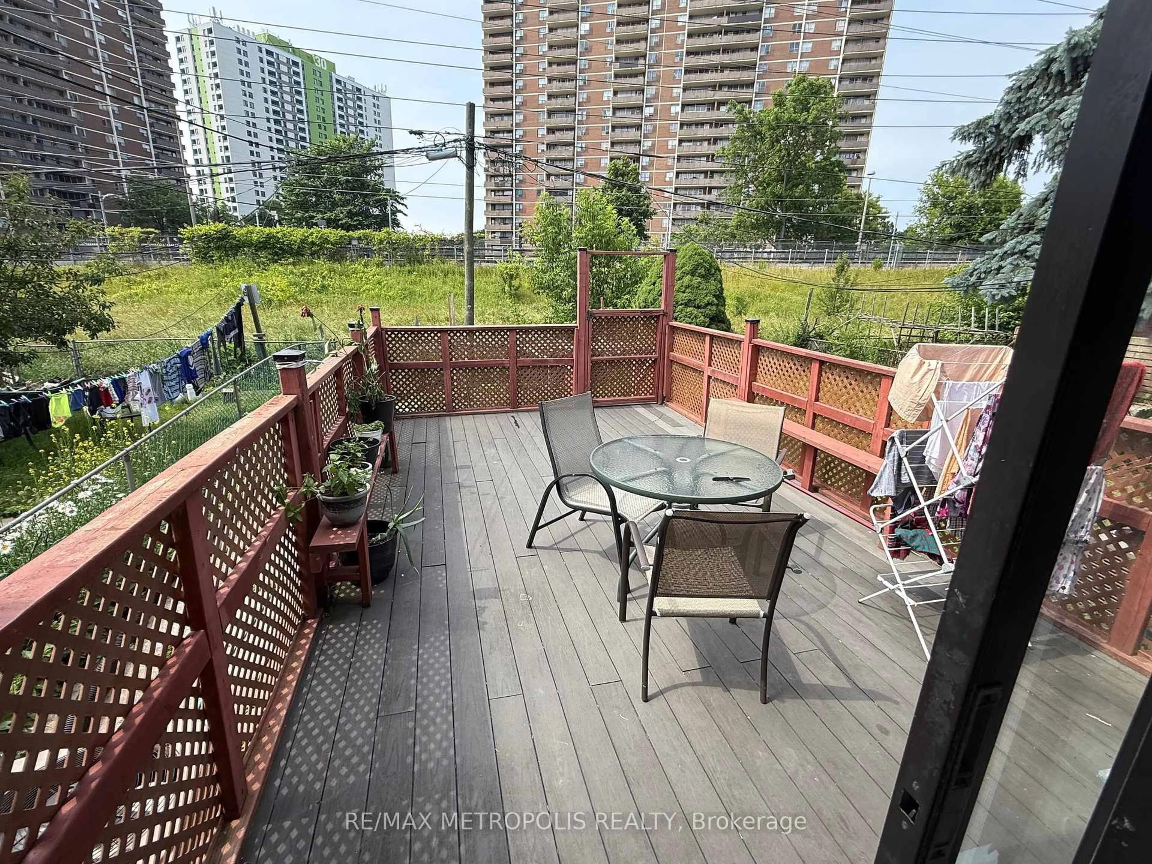 Patio, city buildings view from balcony for 46 Albion Ave, Toronto Ontario M1L 1J6