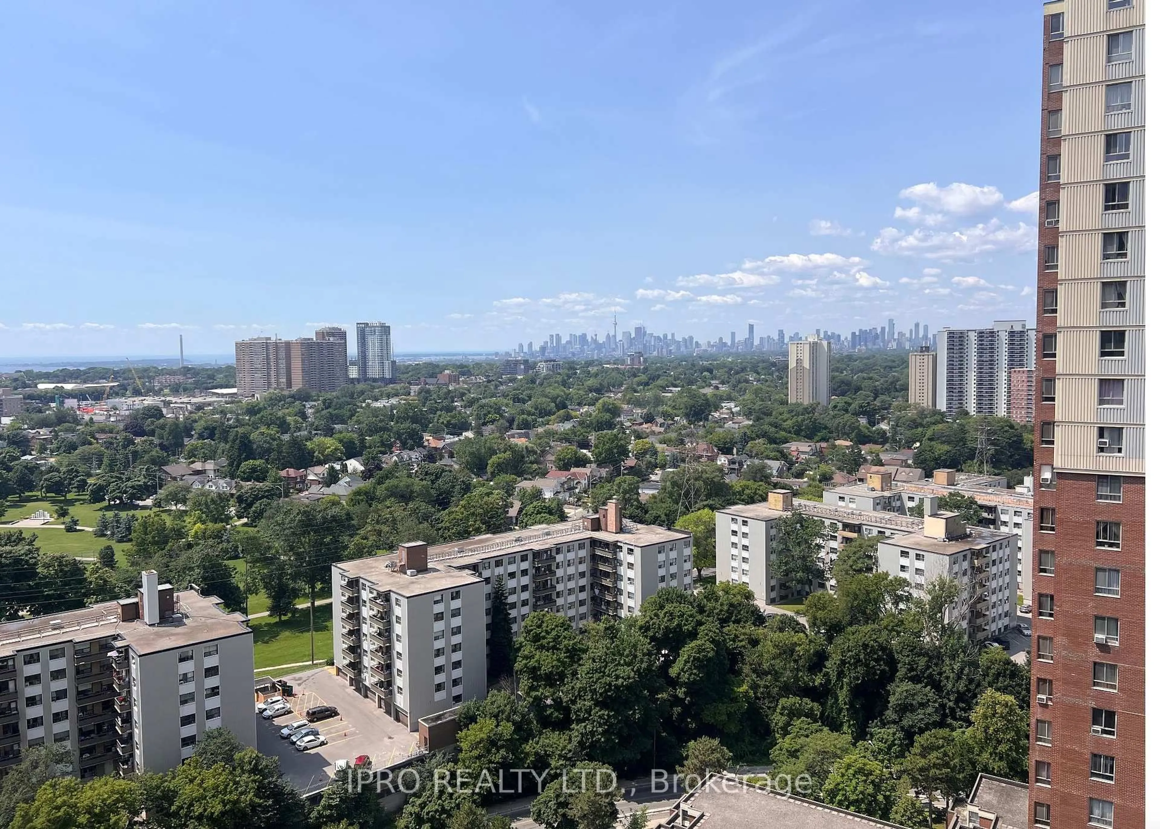 A pic from outside/outdoor area/front of a property/back of a property/a pic from drone, city buildings view from balcony for 5 Massey Sq #2418, Toronto Ontario M4C 5L6