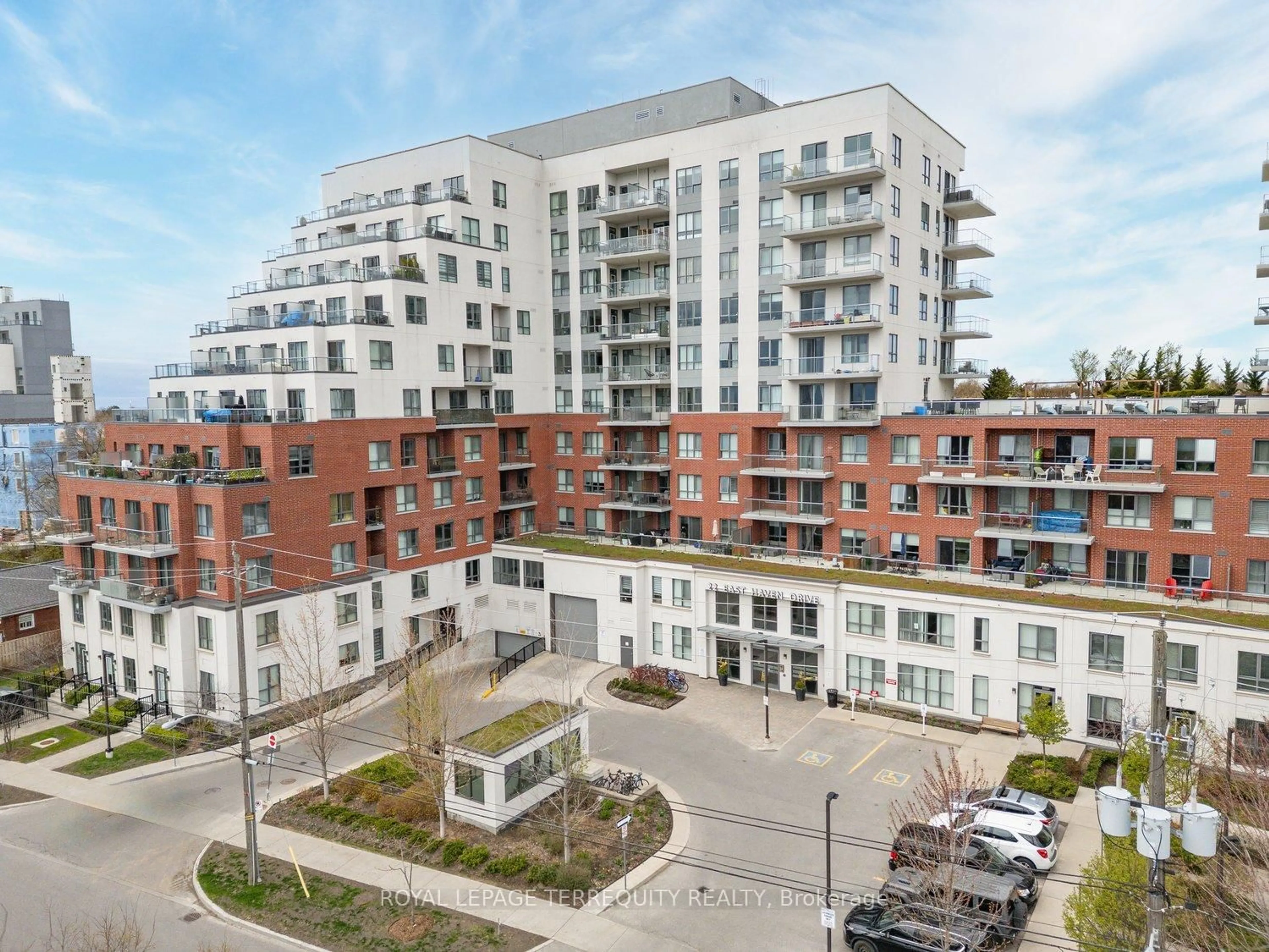 A pic from outside/outdoor area/front of a property/back of a property/a pic from drone, city buildings view from balcony for 22 East Haven Dr #550, Toronto Ontario M1N 0B4