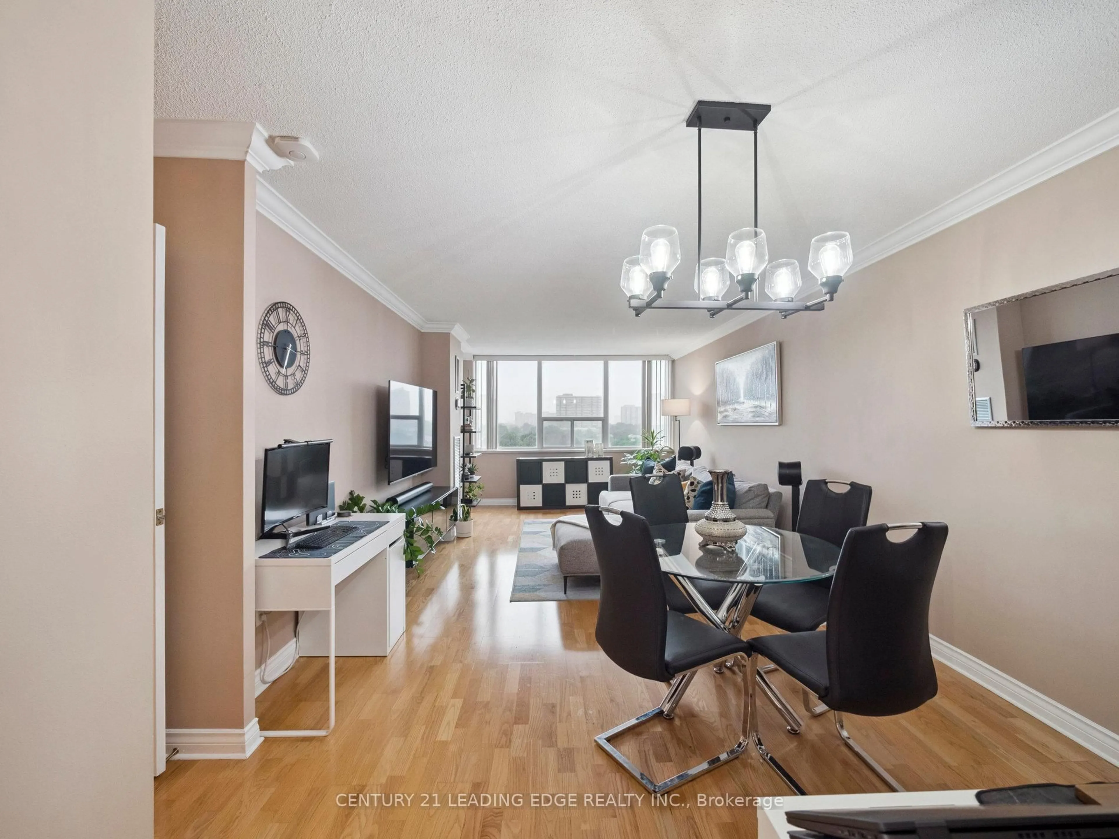 Living room with furniture, wood/laminate floor for 25 Silver Springs Blvd #801, Toronto Ontario M1V 1M9