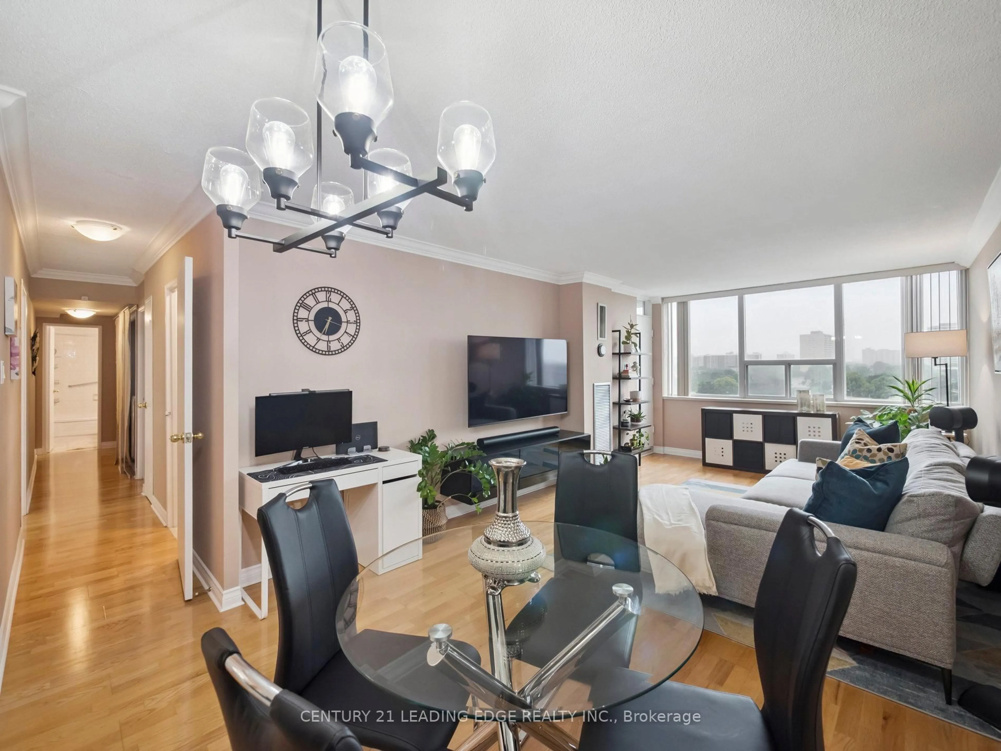 Living room with furniture, wood/laminate floor for 25 Silver Springs Blvd #801, Toronto Ontario M1V 1M9