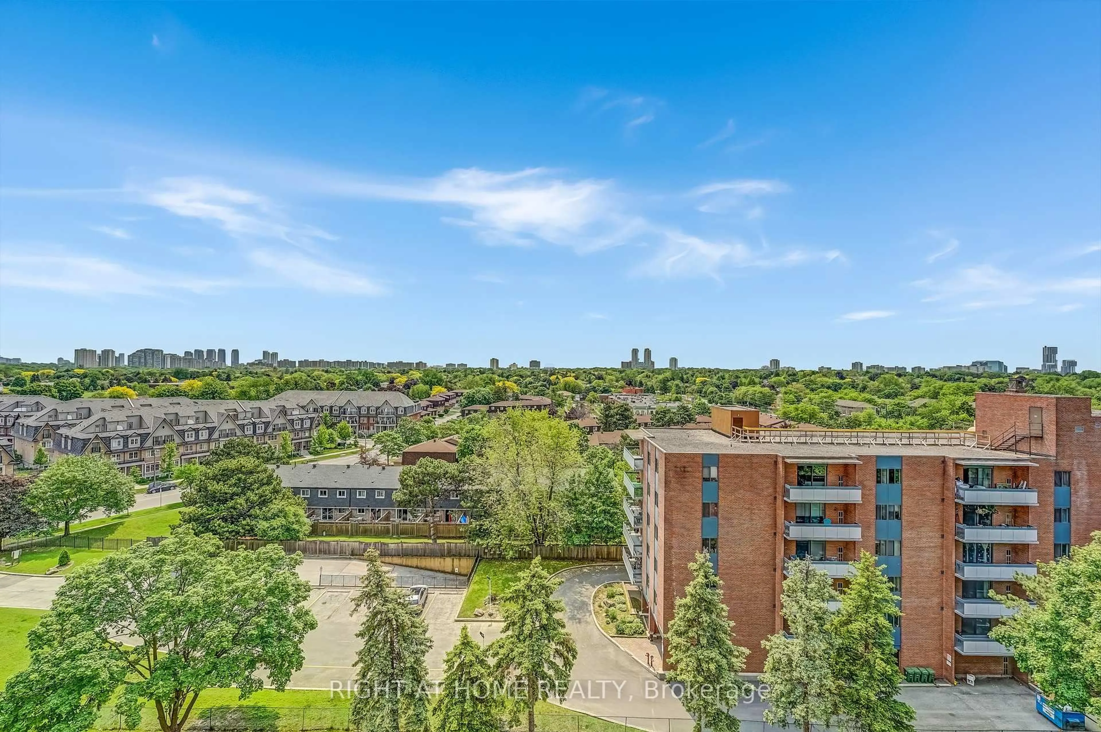 A pic from outside/outdoor area/front of a property/back of a property/a pic from drone, city buildings view from balcony for 1250 Bridletowne Circ #901, Toronto Ontario M1W 2V1