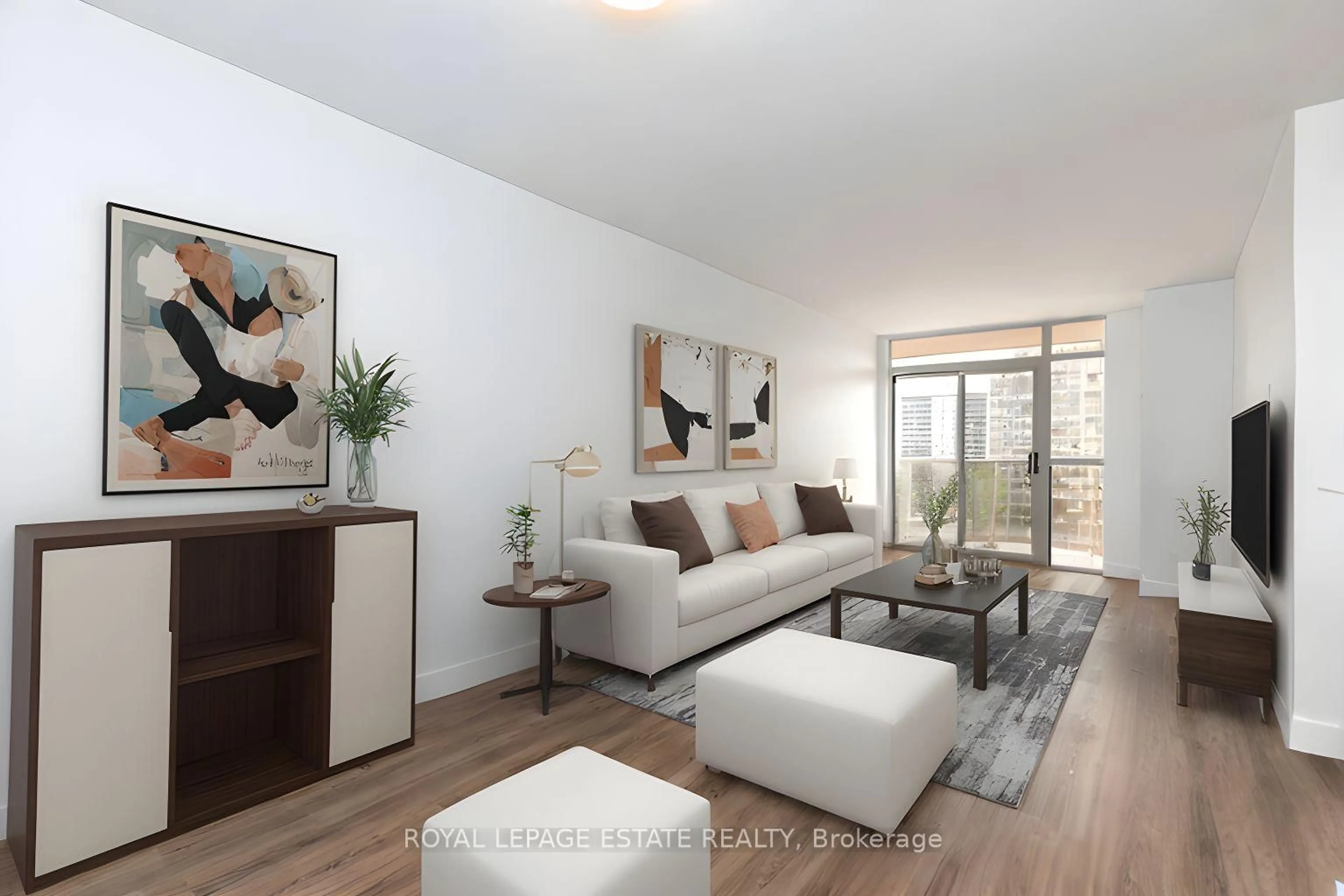 Living room with furniture, wood/laminate floor for 3650 Kingston Rd #822, Toronto Ontario M1M 3X9