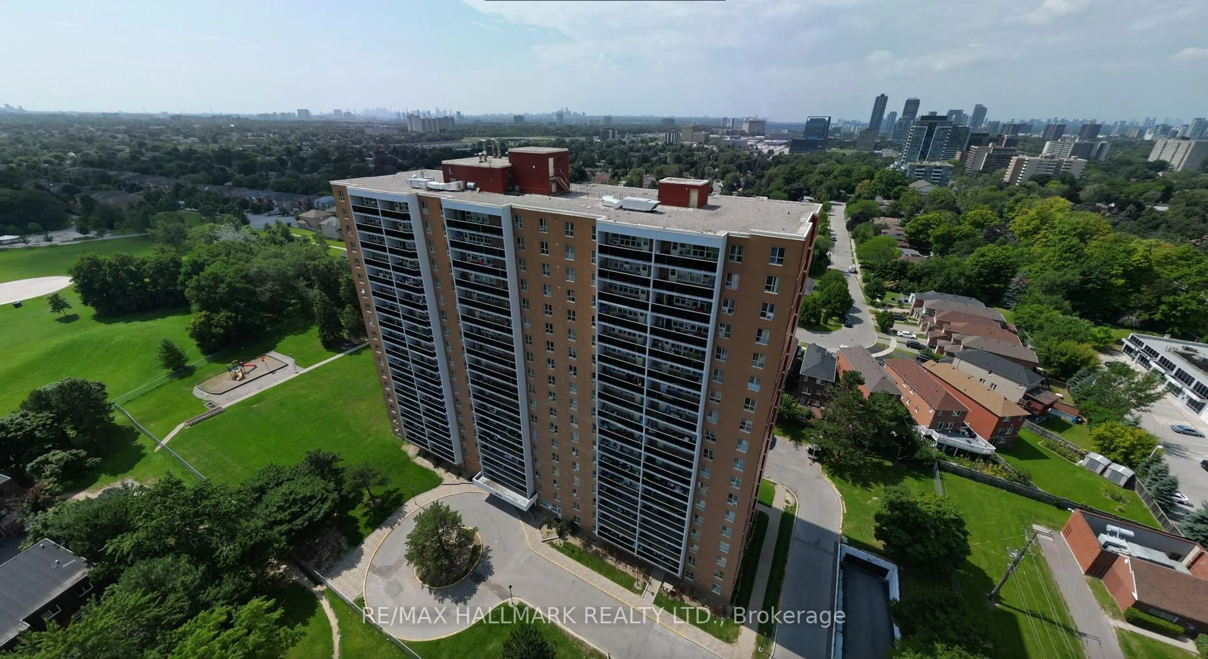 A pic from outside/outdoor area/front of a property/back of a property/a pic from drone, city buildings view from balcony for 270 Palmdale Dr #310, Toronto Ontario M1T 3N8