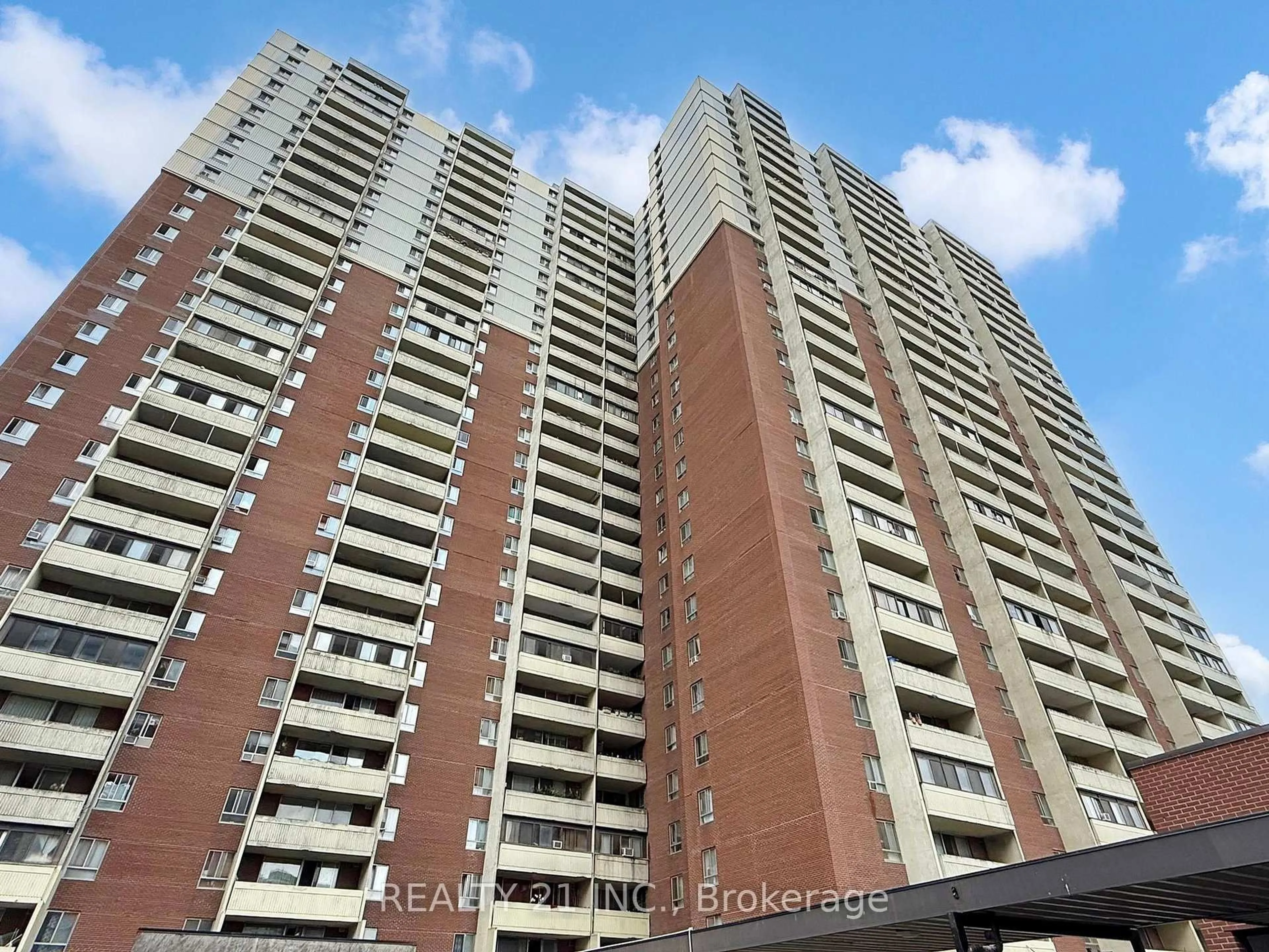 Balcony in the apartment, city buildings view from balcony for 5 Massey Sq #2511, Toronto Ontario M4C 5L6